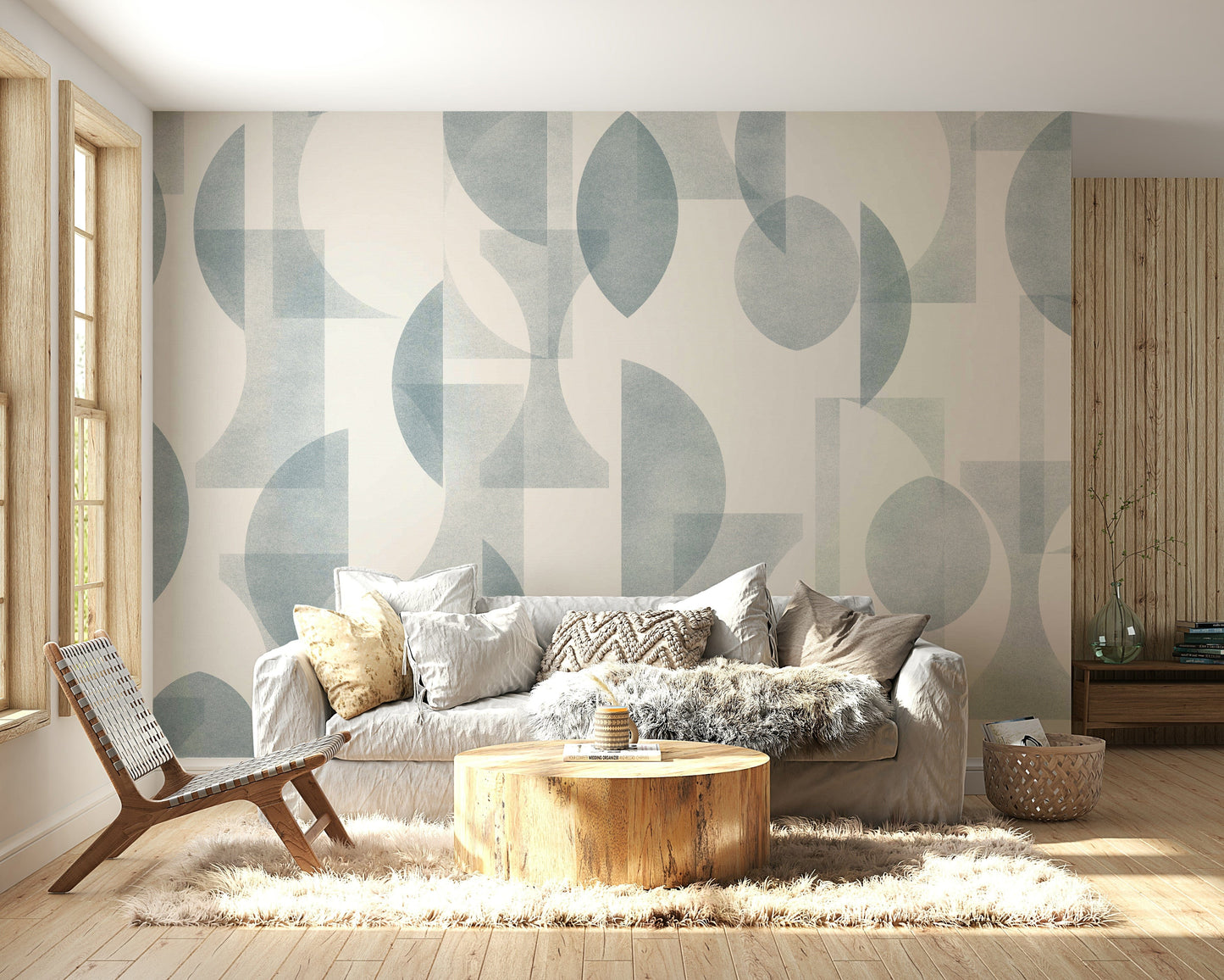 A bedroom decorated with a geometric mural

