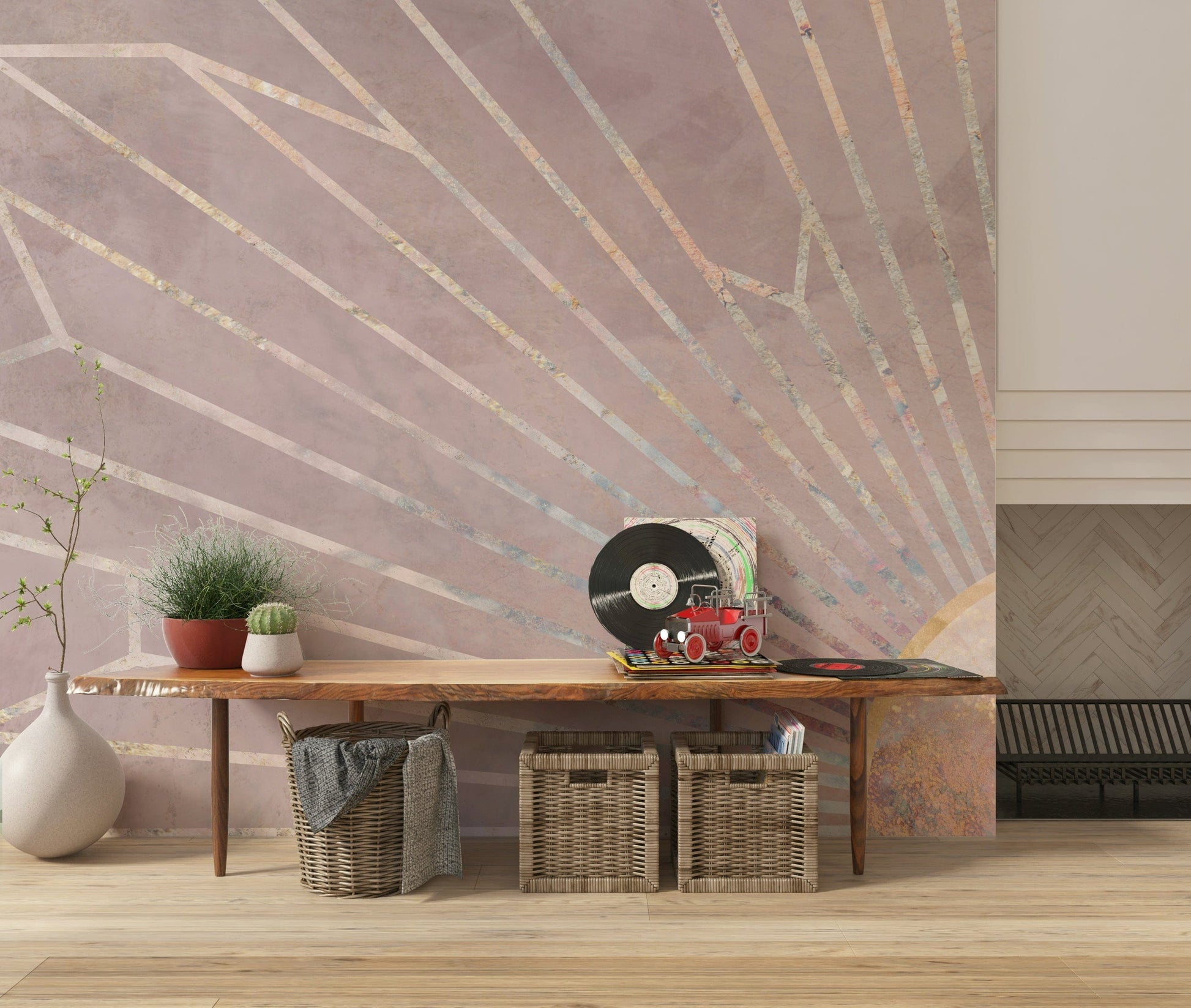 A peaceful geometric design mural on decorative wallpaper.