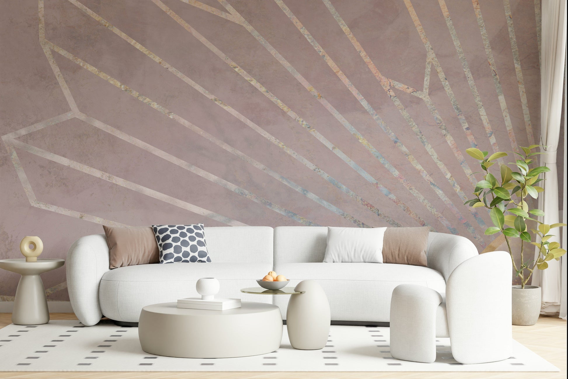 An artistic modern pattern mural on minimalist wallpaper.