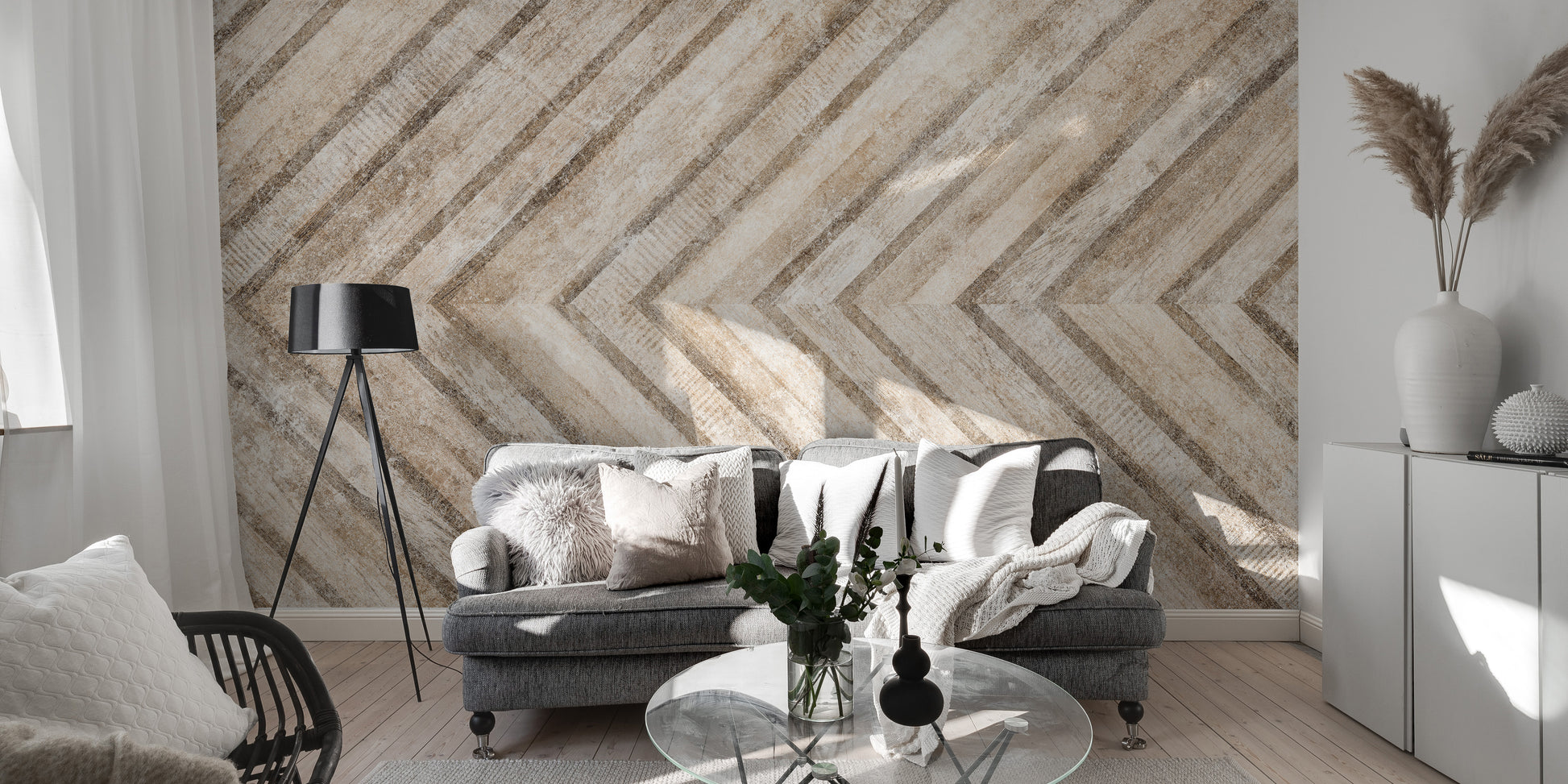 Elegant granite and walnut wood chevron wall mural for professional spaces.