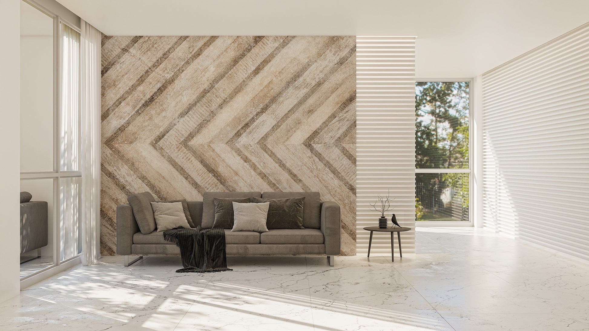 Chevron Stone Wood Pattern Wall Mural with a realistic matte texture finish.