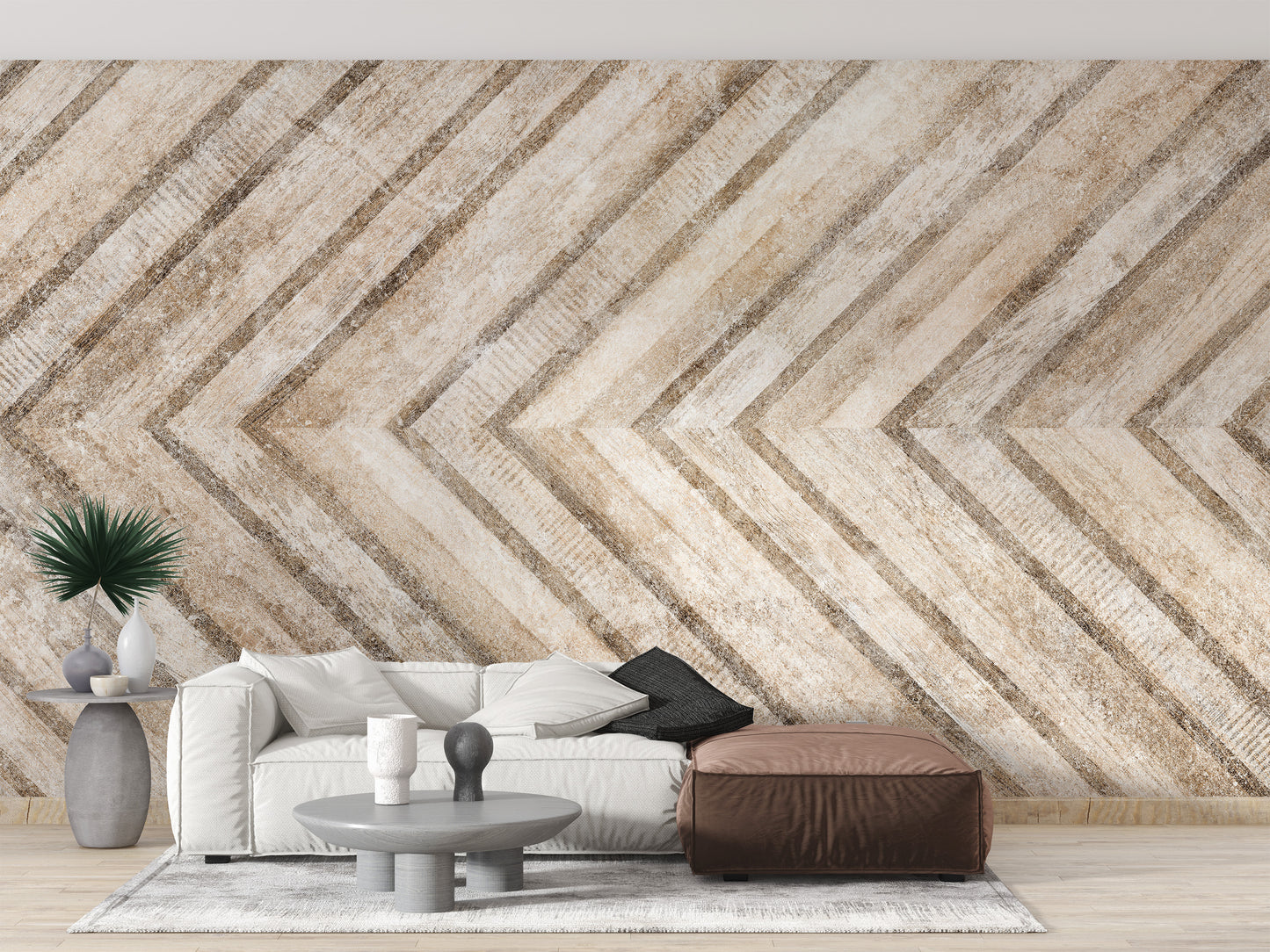 Chevron Stone Wood Pattern Wall Mural with interlocking timber and stone wallpaper.