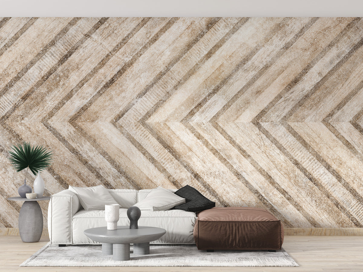 Chevron Stone Wood Pattern Wall Mural with interlocking timber and stone wallpaper.