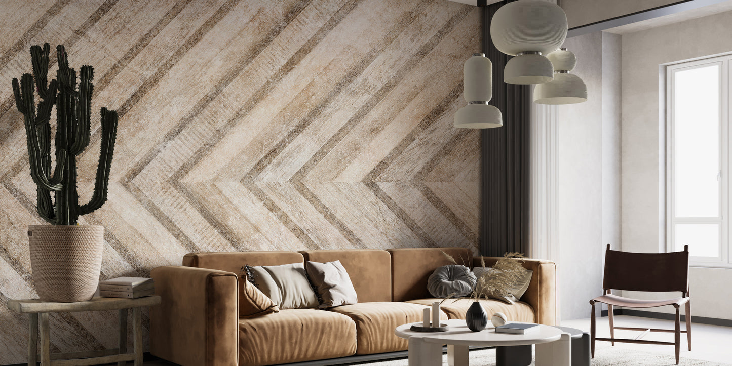 Minimalist neutral toned wall mural featuring a geometric chevron design.