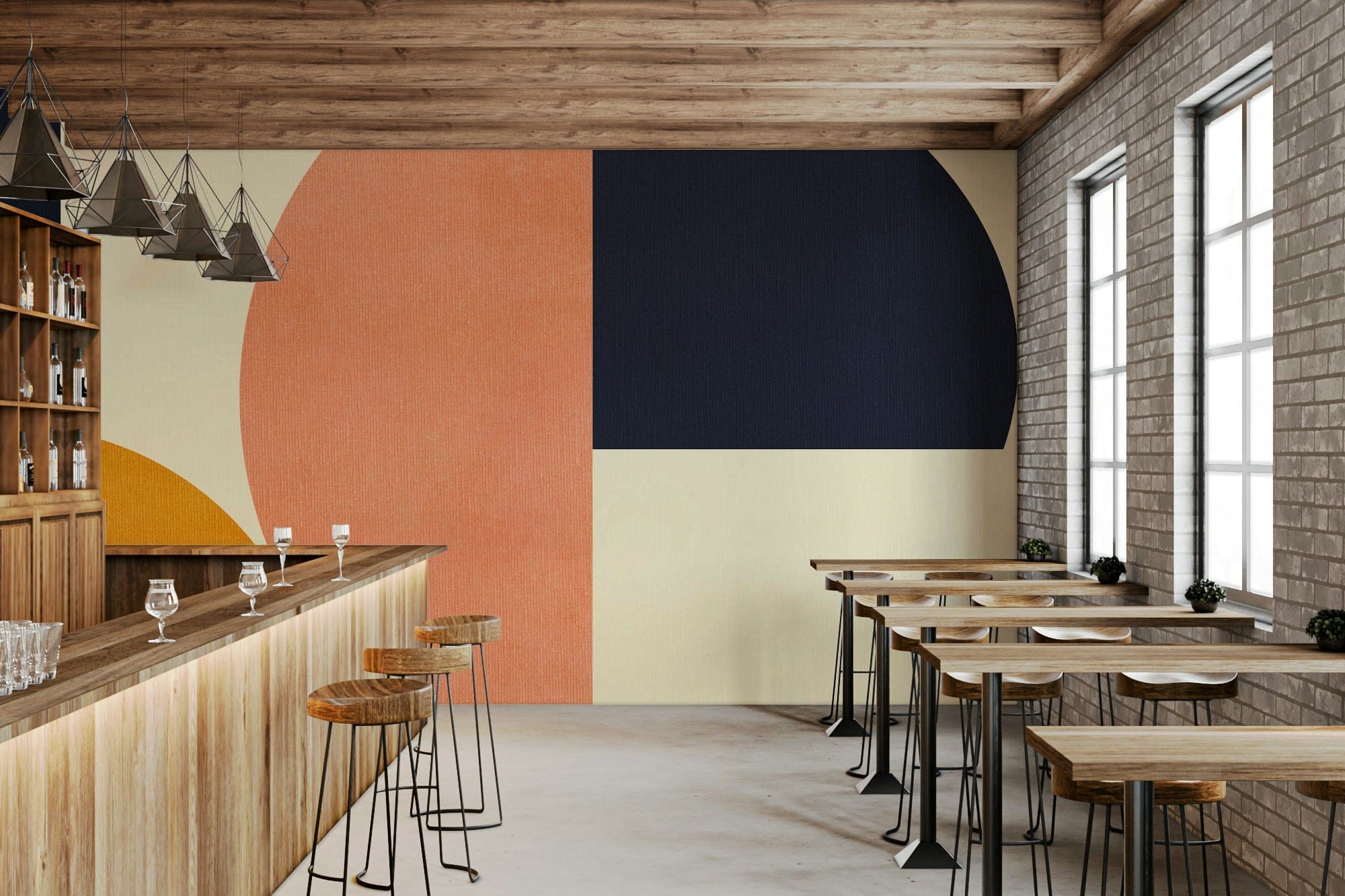 Circle Vision wallpaper mural in terracotta and navy in a bar with a wood counter and brick wall