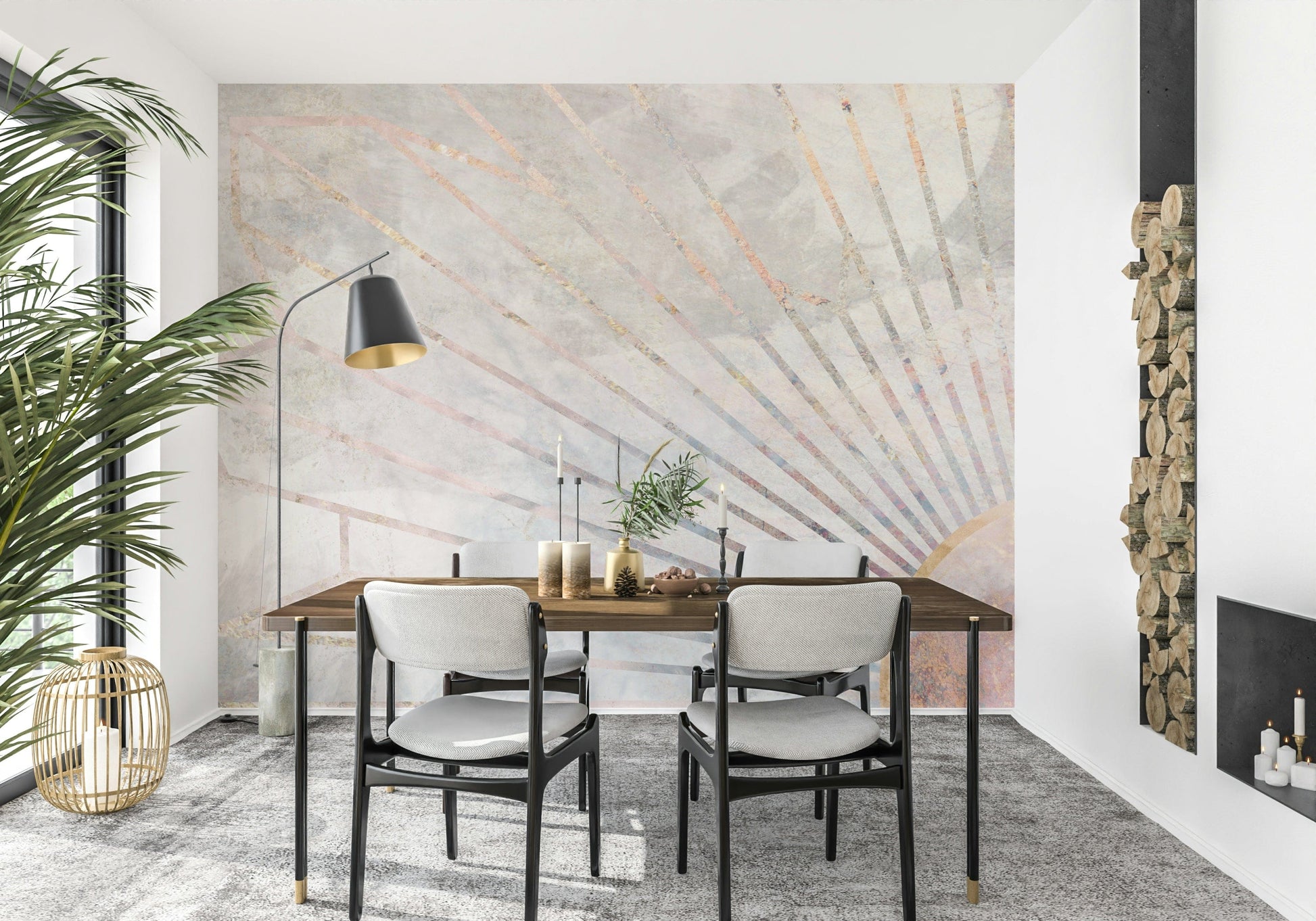 A graceful subtle shape wall mural in cool, tranquil tones.