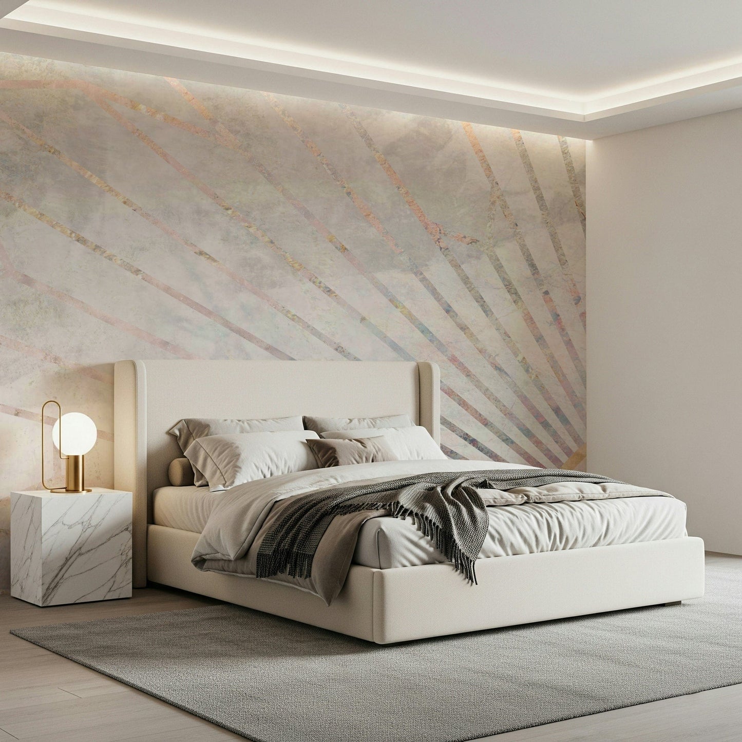 A contemplative geometric design wallpaper mural for a feature wall.