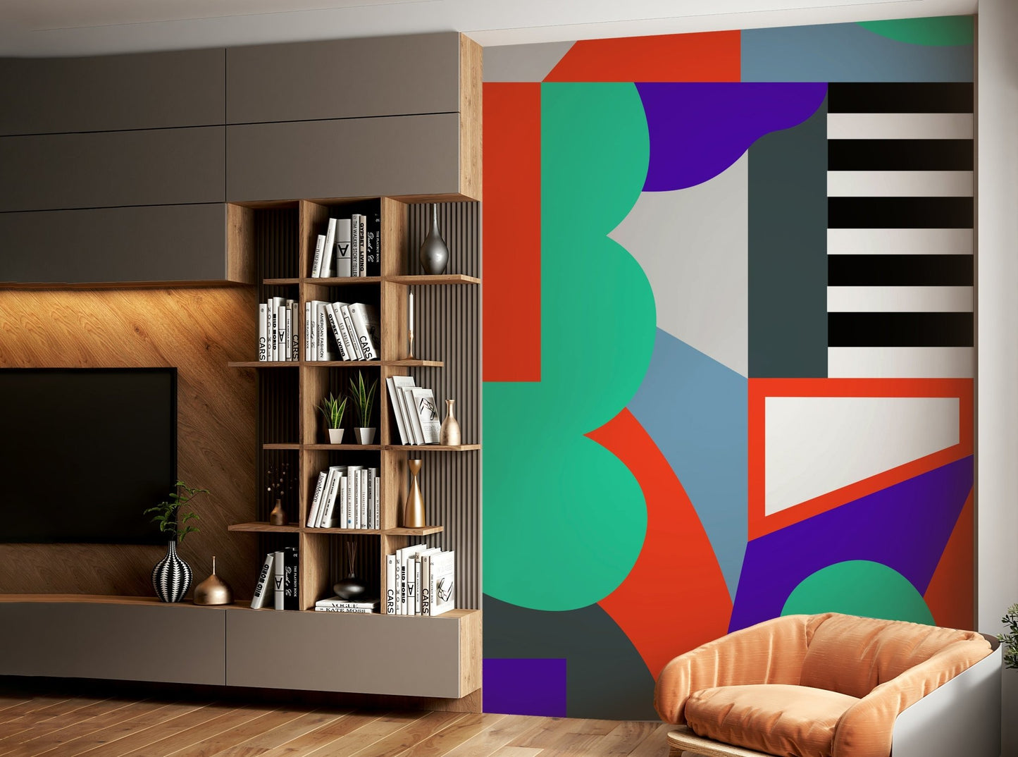 Geometric Echoes mural bringing depth and artistic flair indoors

