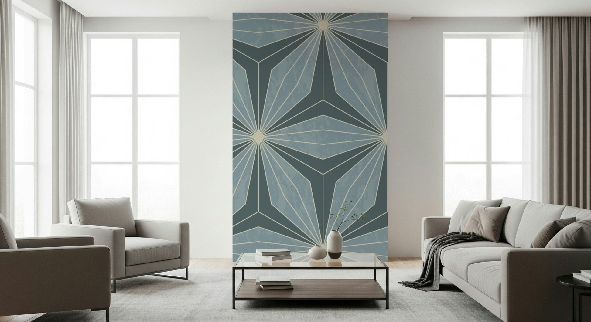 Intricate Geometric Flowers repeat wallpaper with a subtle distressed finish.