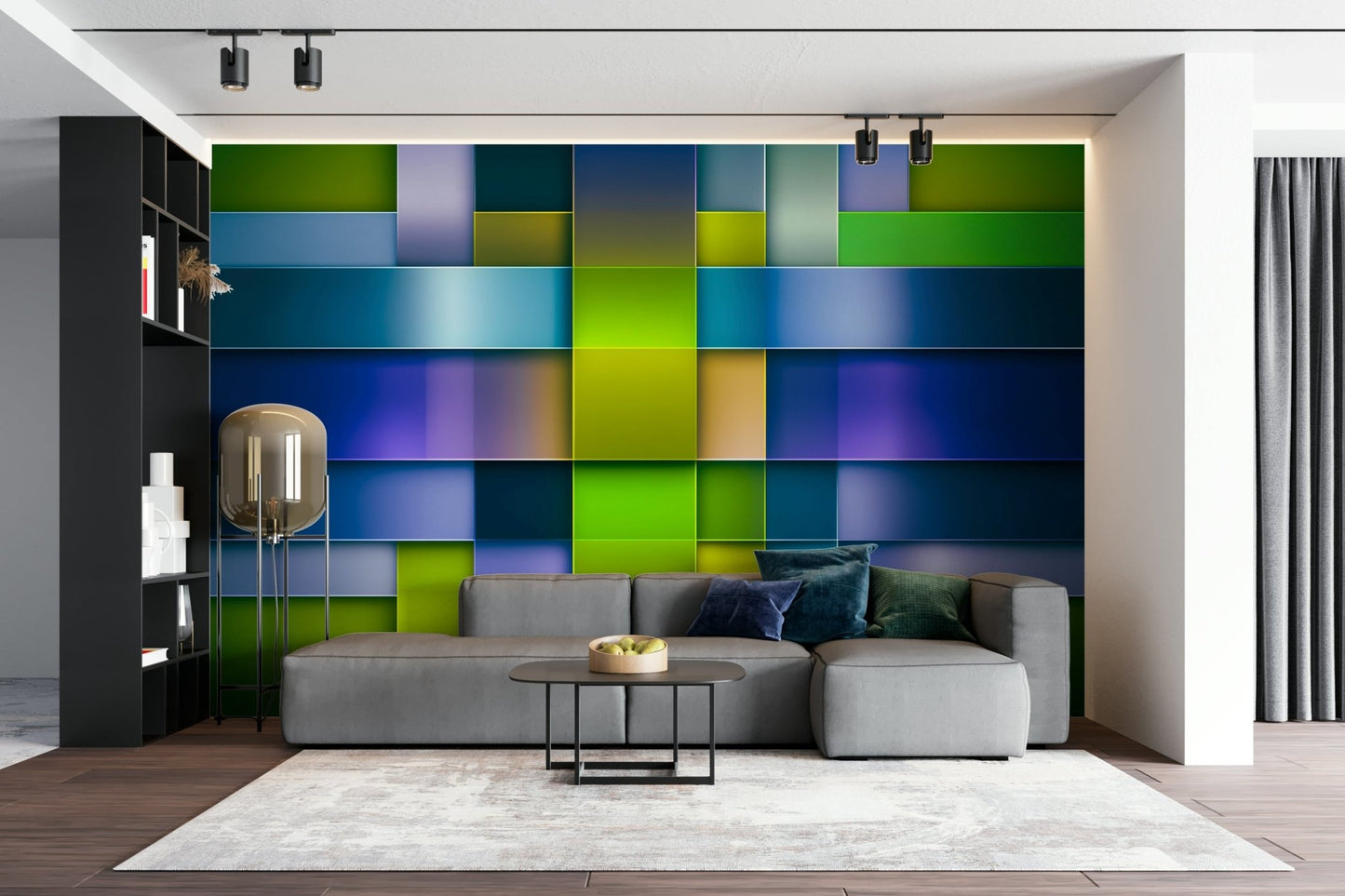 Geometric harmony wall mural in blue and green
