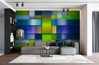 Geometric harmony wall mural in blue and green
