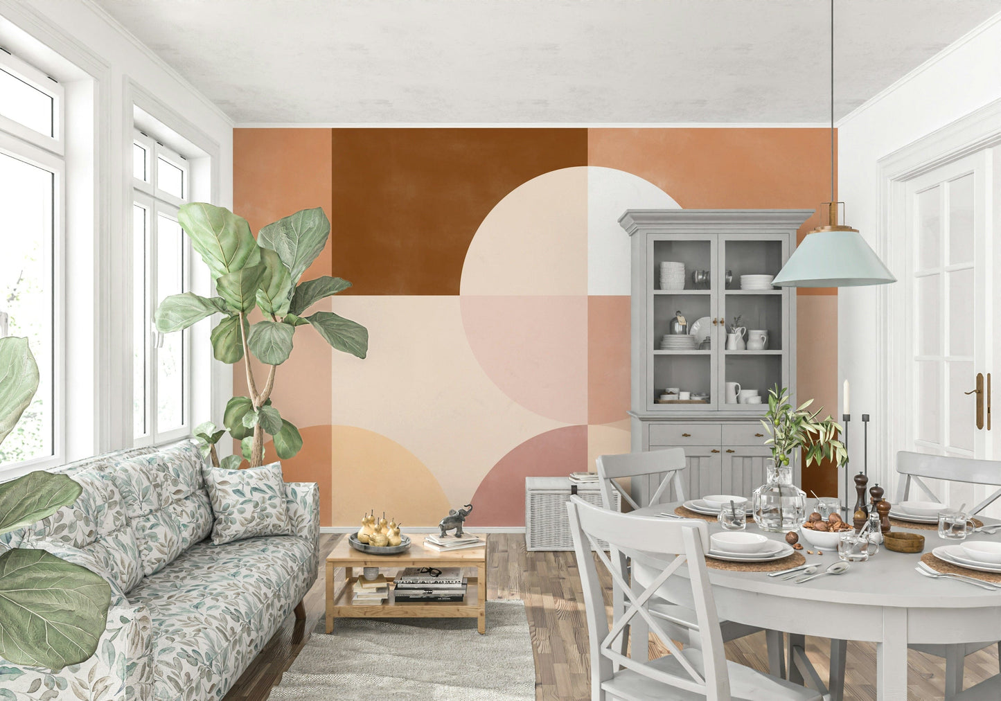 An artistic interlocking shape mural on minimalist wallpaper.

