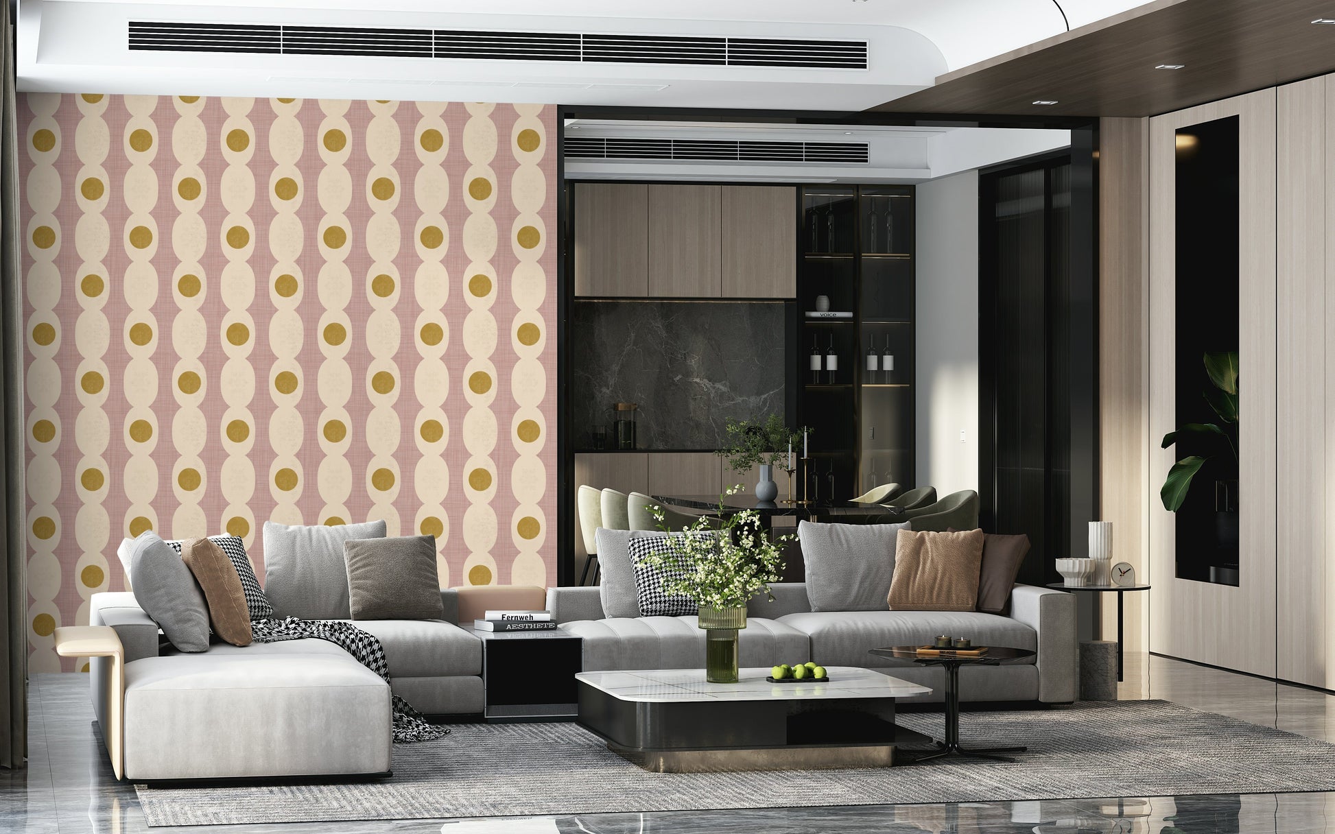 Bold linked motif wallpaper with repeating modern shapes.