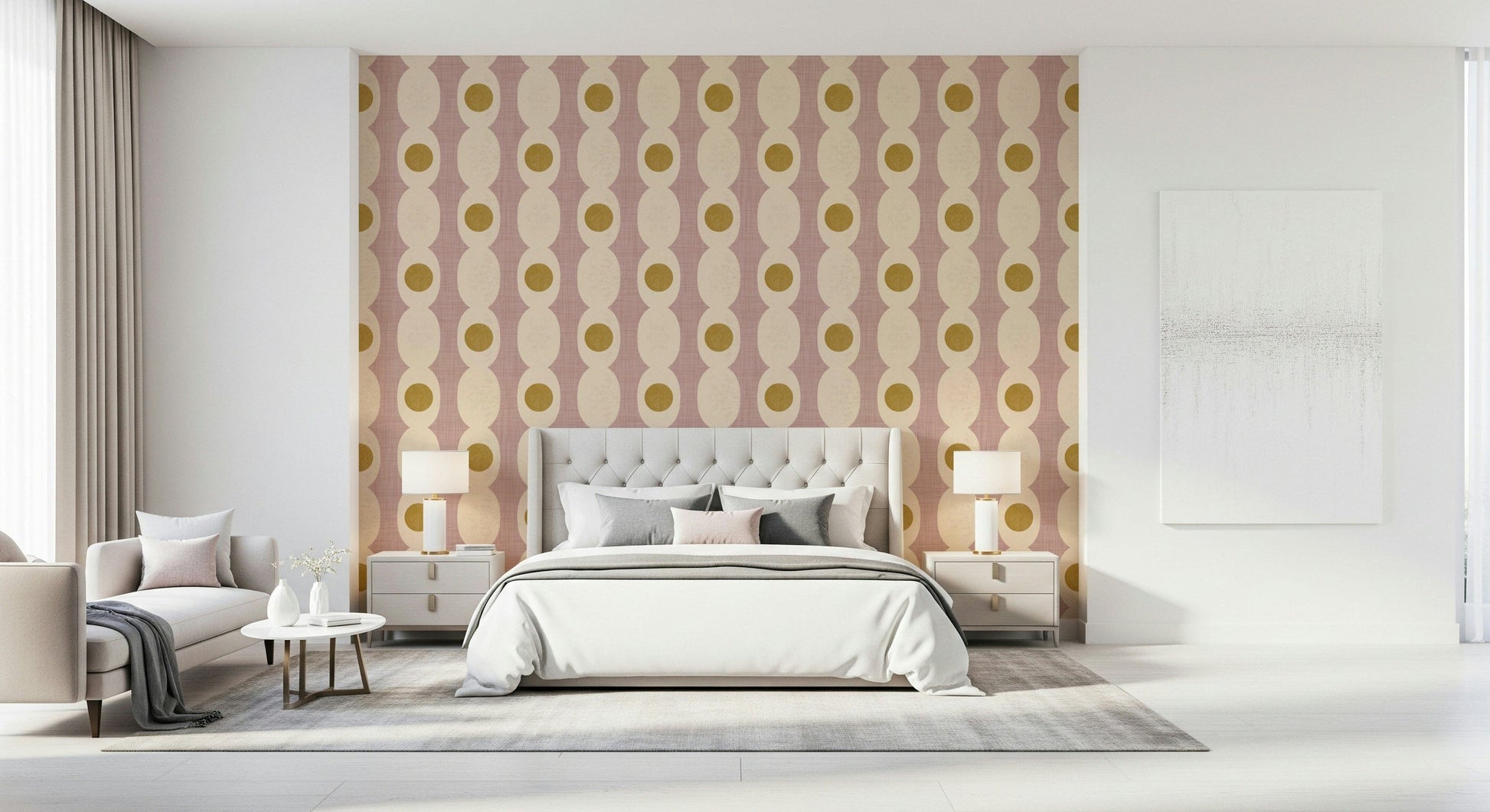 Contemporary linked pattern wall mural with clean, mod-inspired lines.