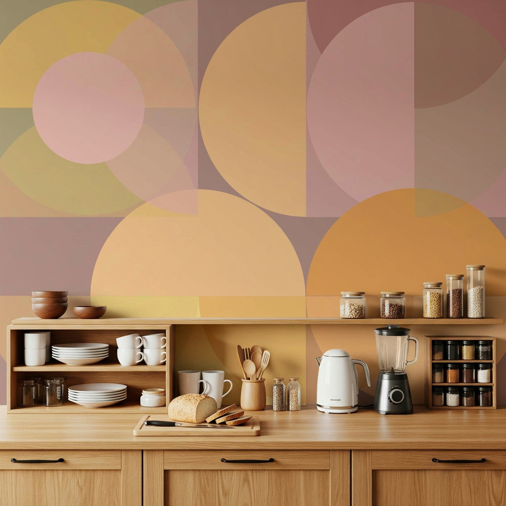 A modern Geometric Wallpaper mural featuring a harmonious blend of soft pastel shapes.