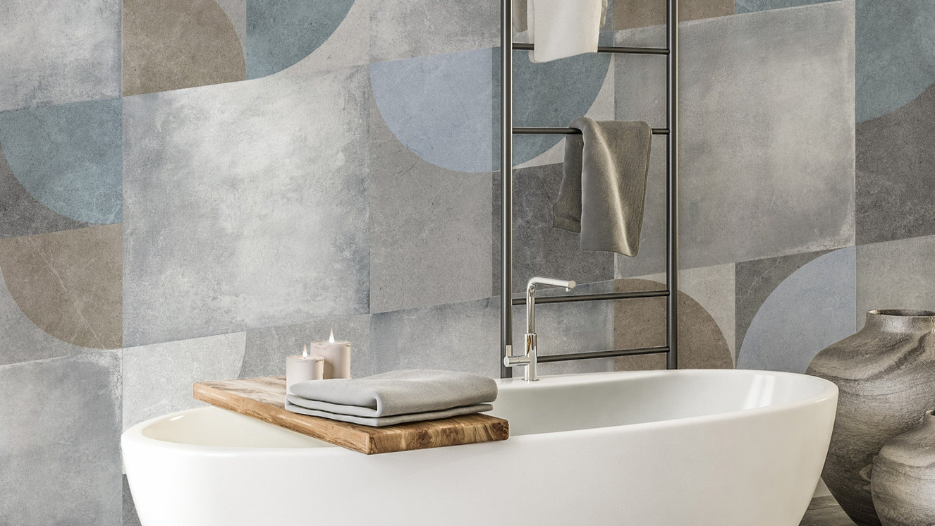 Geometric peel and stick wallpaper in living room accent wall