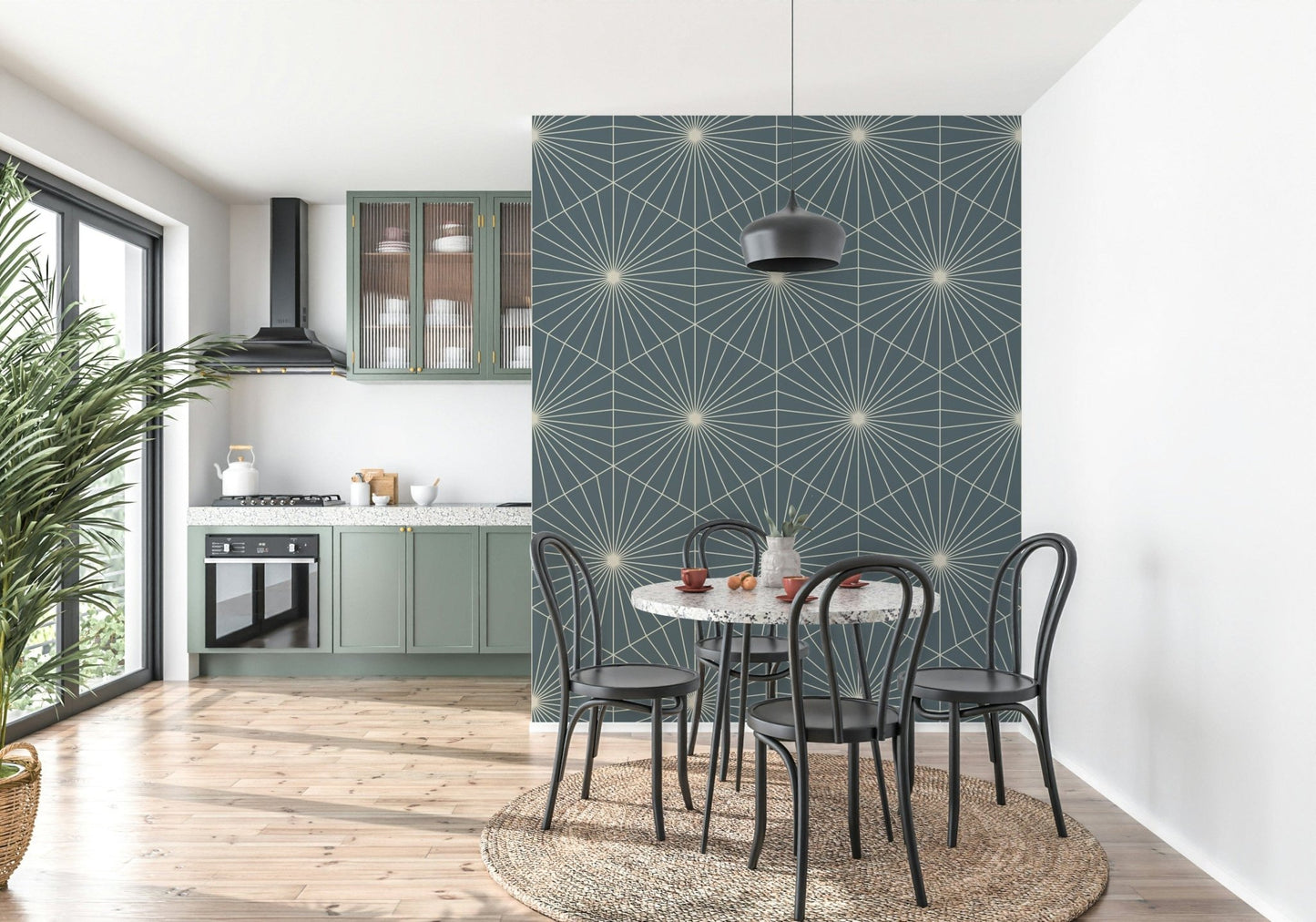 Stunning Art Deco style Radiance mural in cool, serene teal.