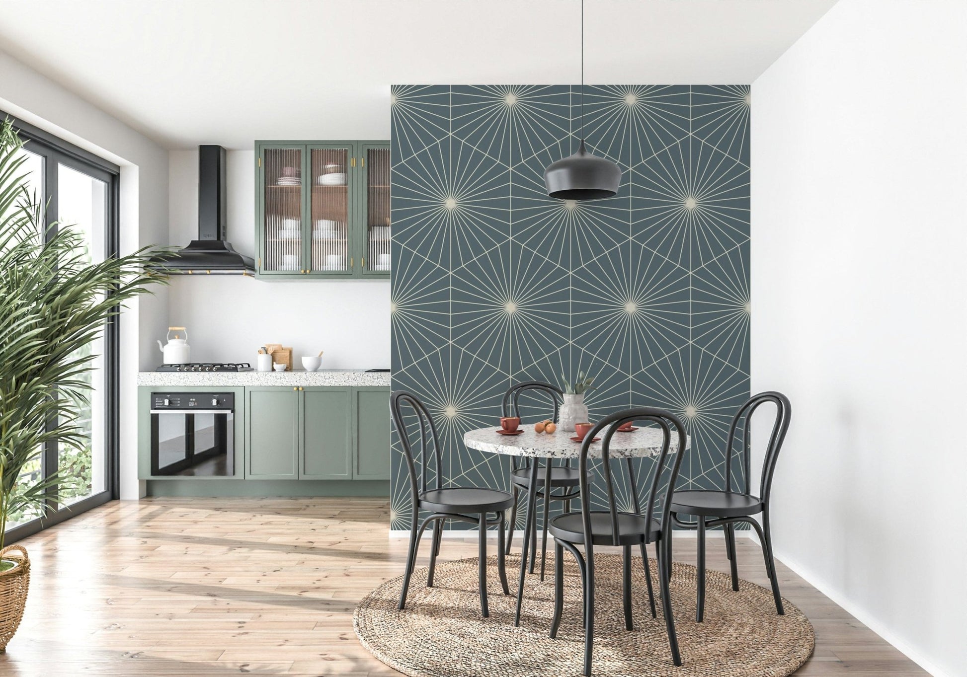 Stunning Art Deco style Radiance mural in cool, serene teal.