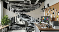 A beautiful abstract art wallpaper mural with geometric shapes and scribbled lines.