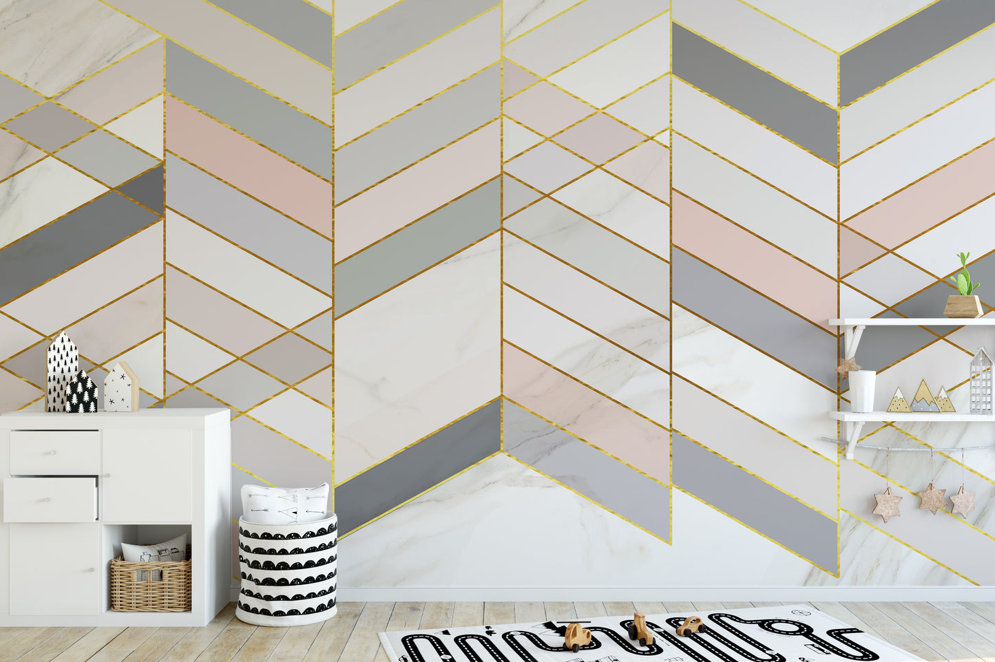 Geometric Shape Golden Effect Marble wallpaper mural in pink and grey behind a white dresser in a kids room
