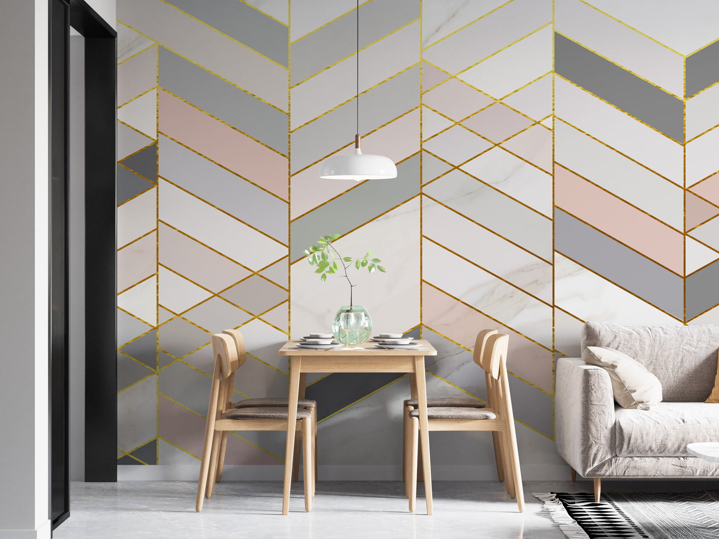 Geometric Shape Golden Effect Marble wallpaper mural in grey and pink behind a wooden dining table