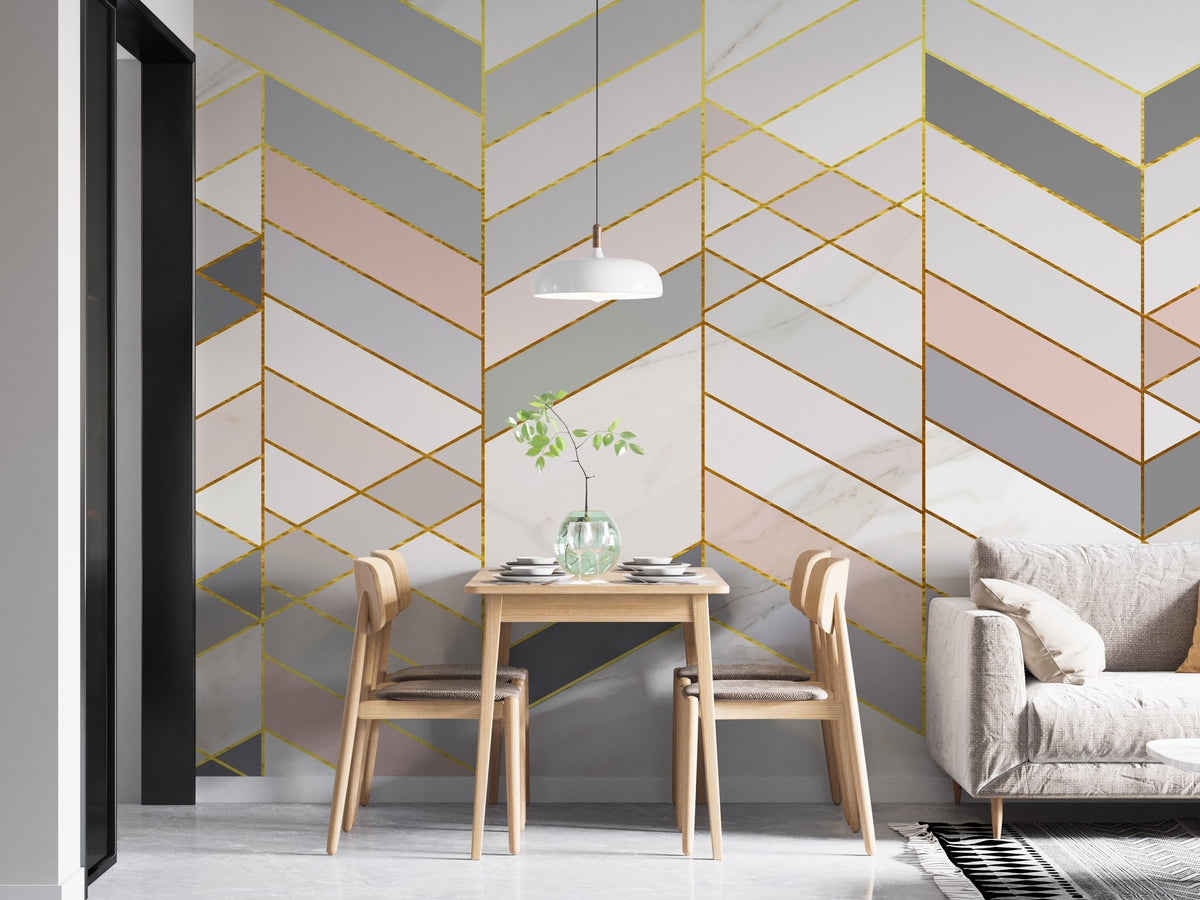 Geometric Shape Golden Effect Marble wallpaper mural in grey and pink behind a wooden dining table