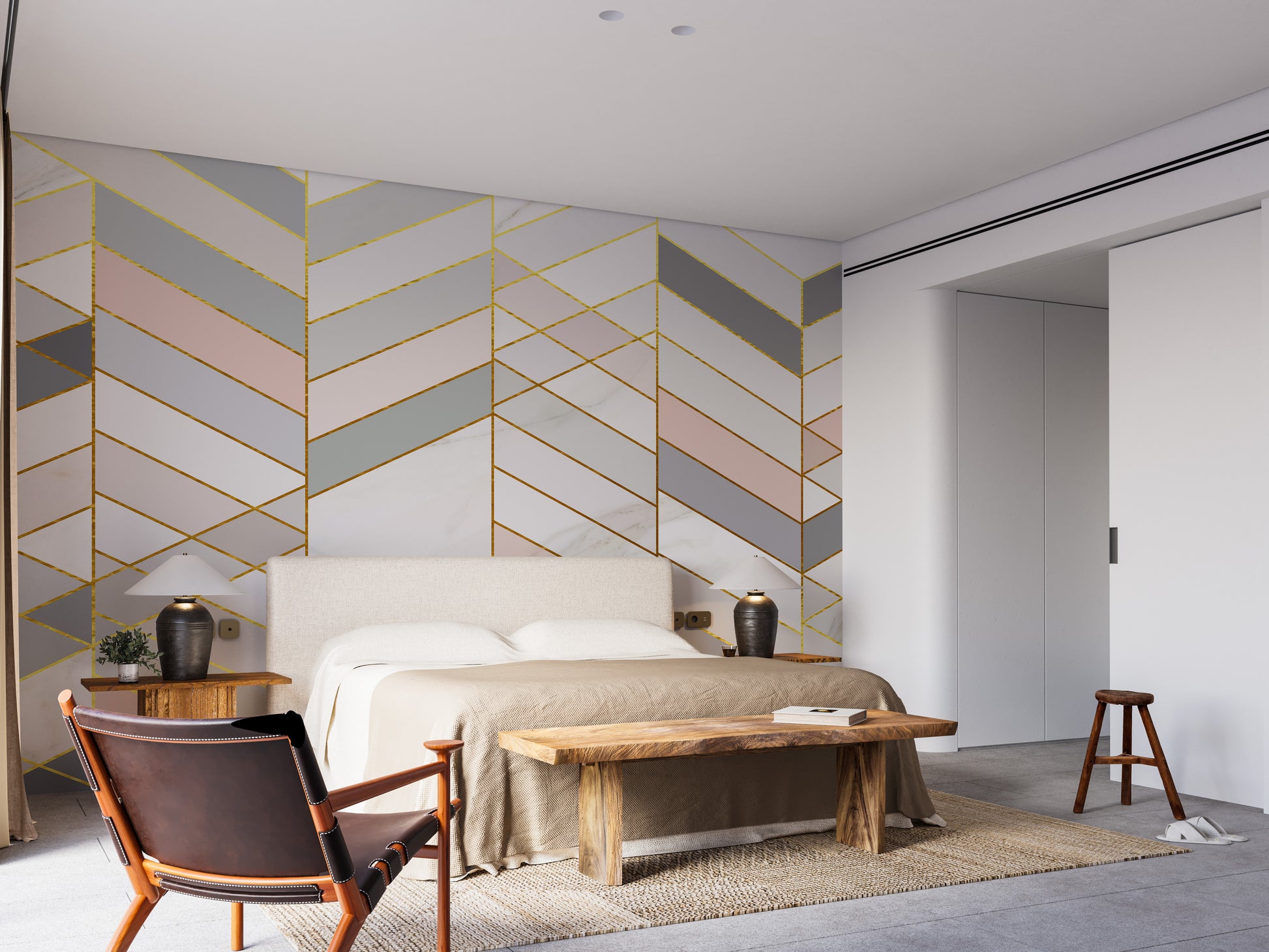 Geometric Shape Golden Effect Marble wallpaper mural with gold chevrons behind a beige bed in a bedroom