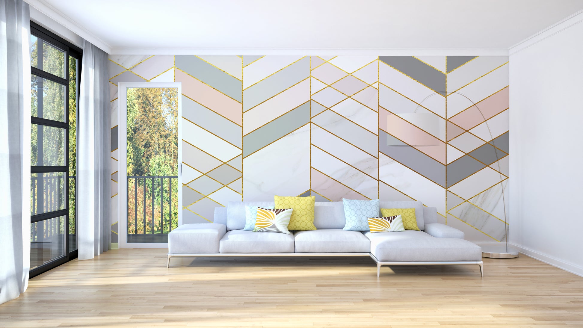 Geometric Shape Golden Effect Marble wallpaper mural behind a grey sectional sofa with yellow pillows
