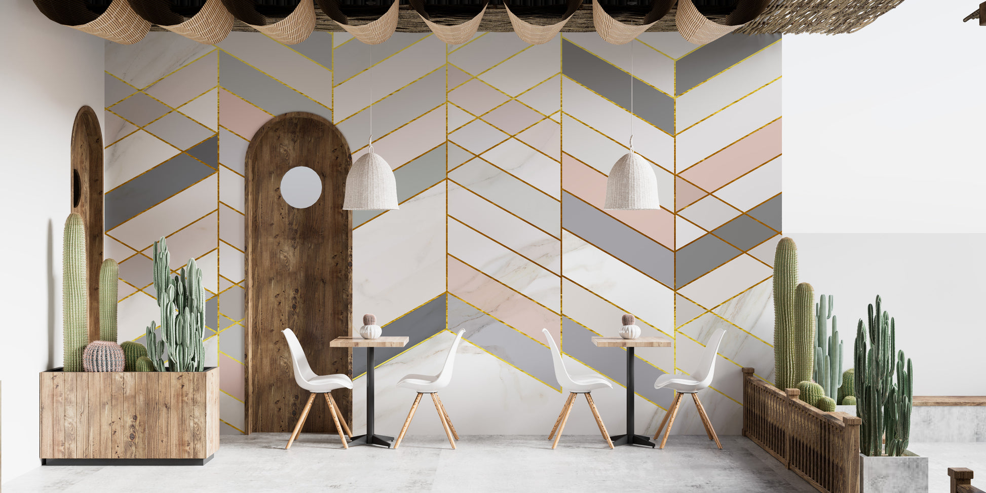 Geometric Shape Golden Effect Marble wallpaper mural behind white cafe chairs and cactus planters