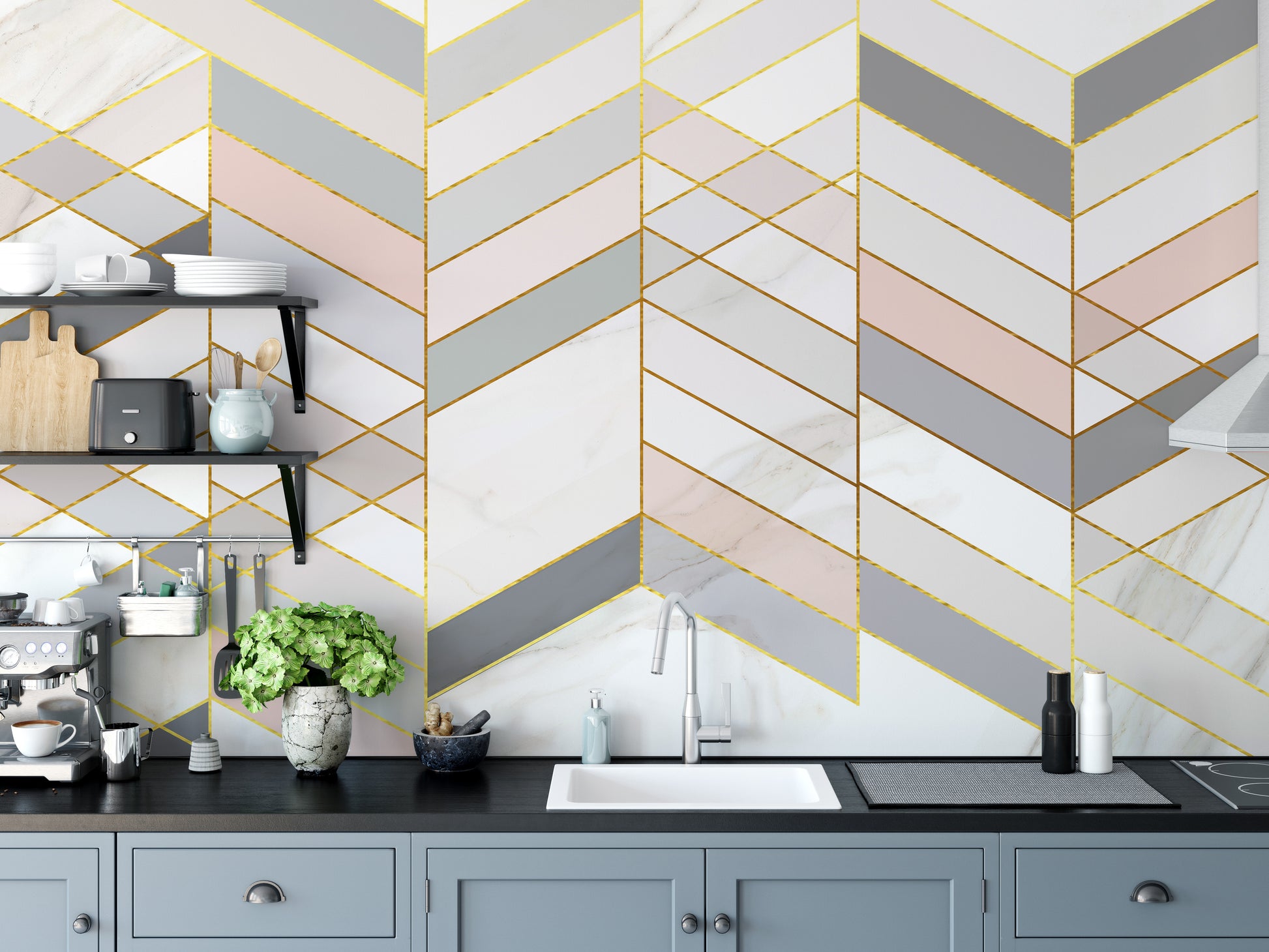 Geometric Shape Golden Effect Marble wallpaper mural above blue-grey cabinets and a sink in a kitchen