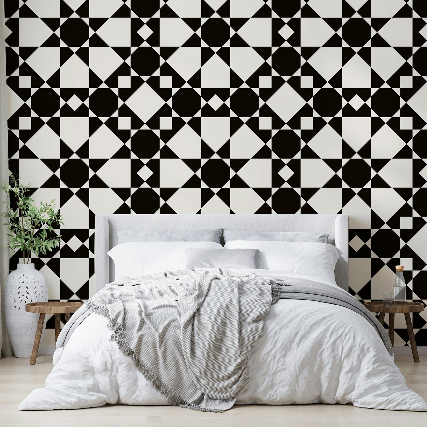 An angled shot of a wall with abstract star wallpaper

