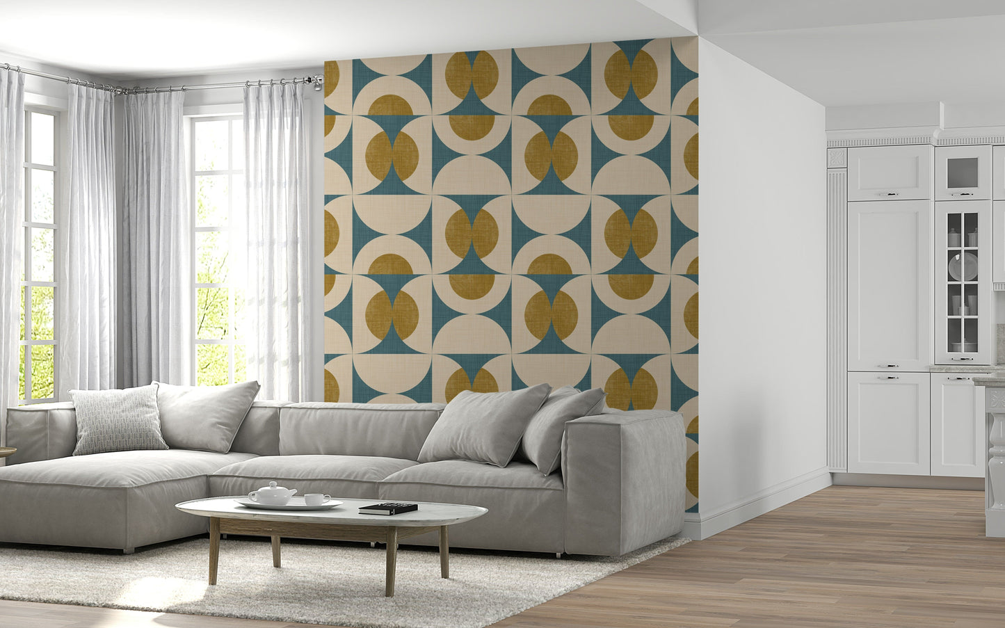 Contemporary wallpaper with repeating arc motifs in a retro color palette.