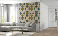 Contemporary wallpaper with repeating arc motifs in a retro color palette.