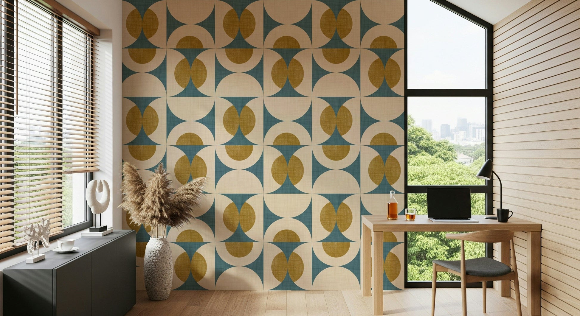 Repeating geometric arcs and circles forming a bold mid-century pattern.