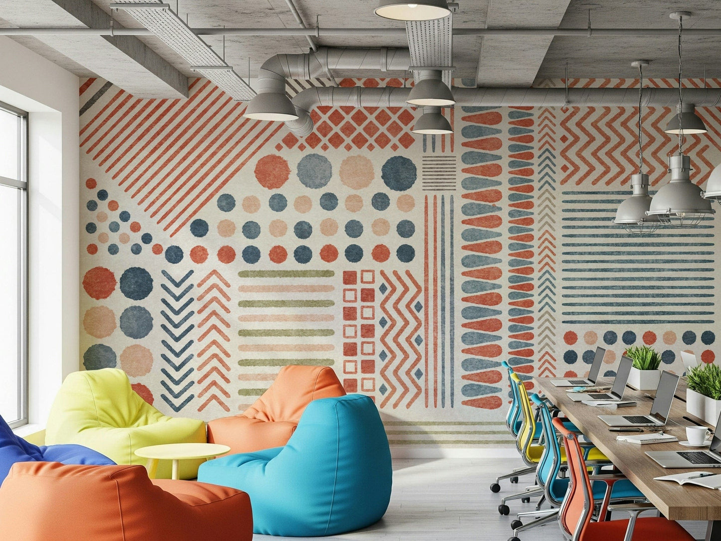 A peaceful modern abstract mural on decorative wallpaper.