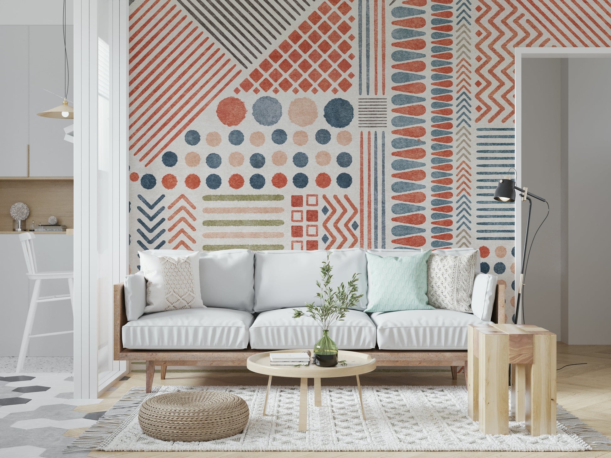 A contemplative geometric design wallpaper mural for a feature wall.