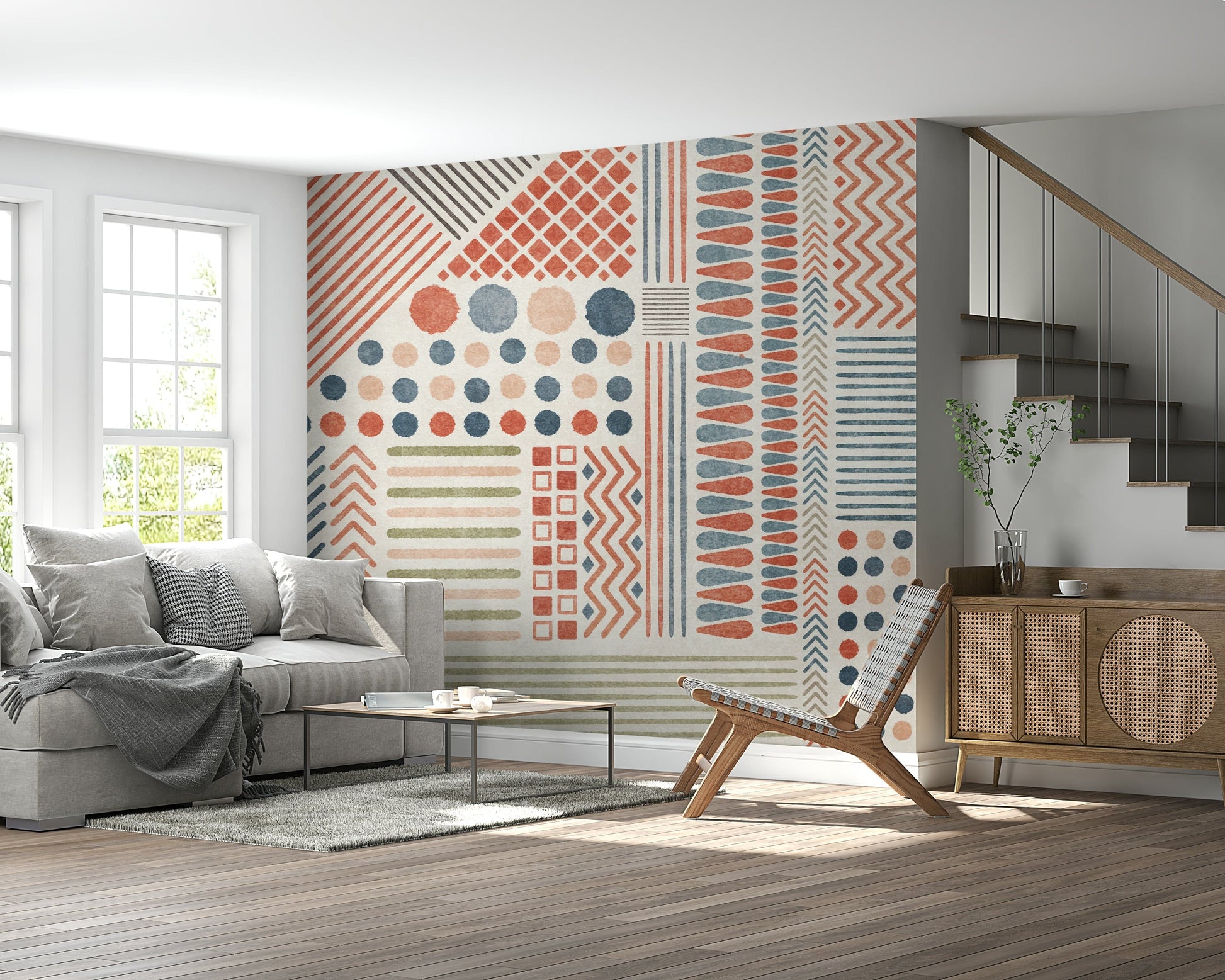 An artistic modern pattern mural on minimalist wallpaper.