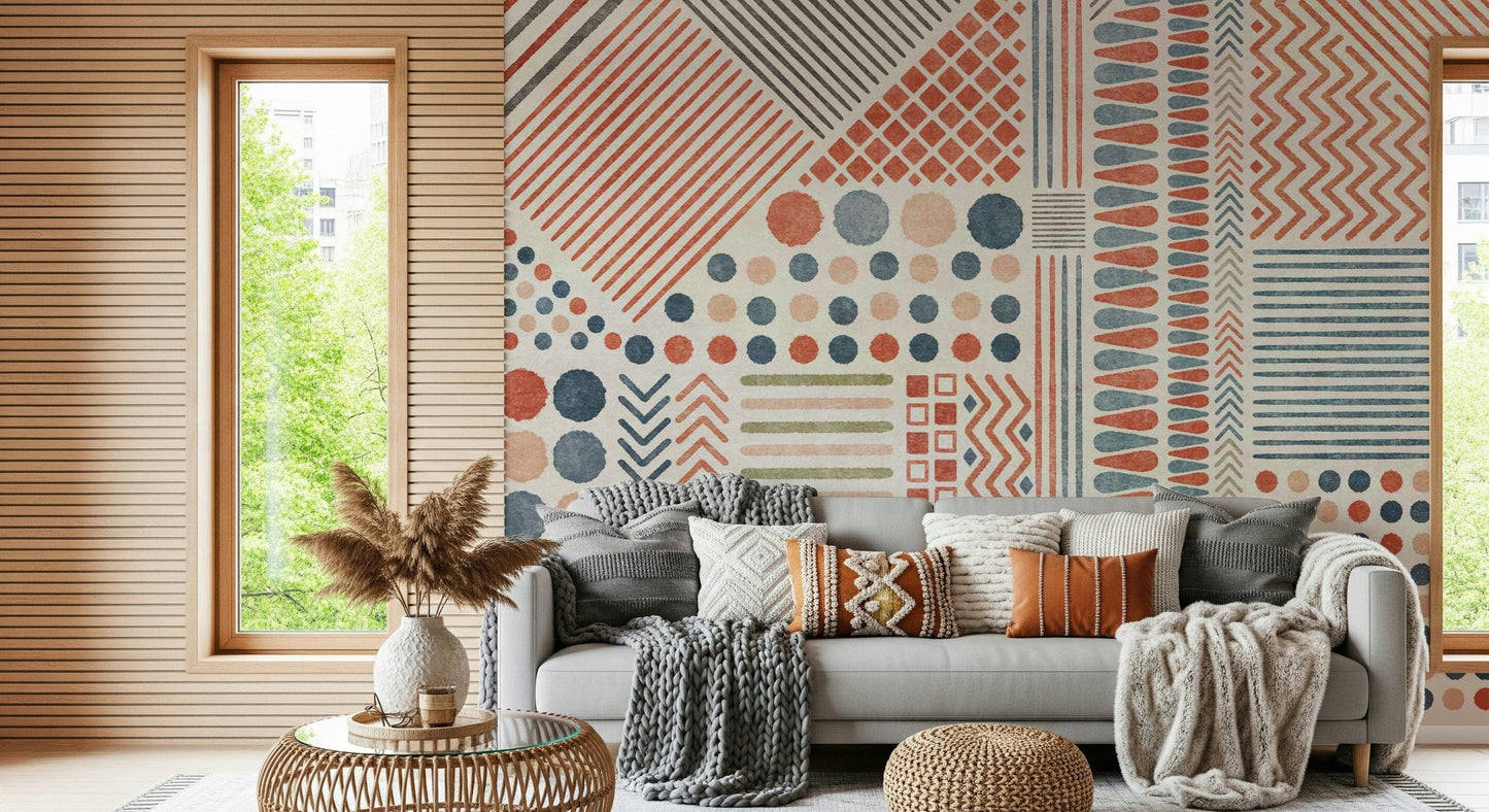 A beautiful abstract rhythmic wallpaper mural in terracotta and indigo.
