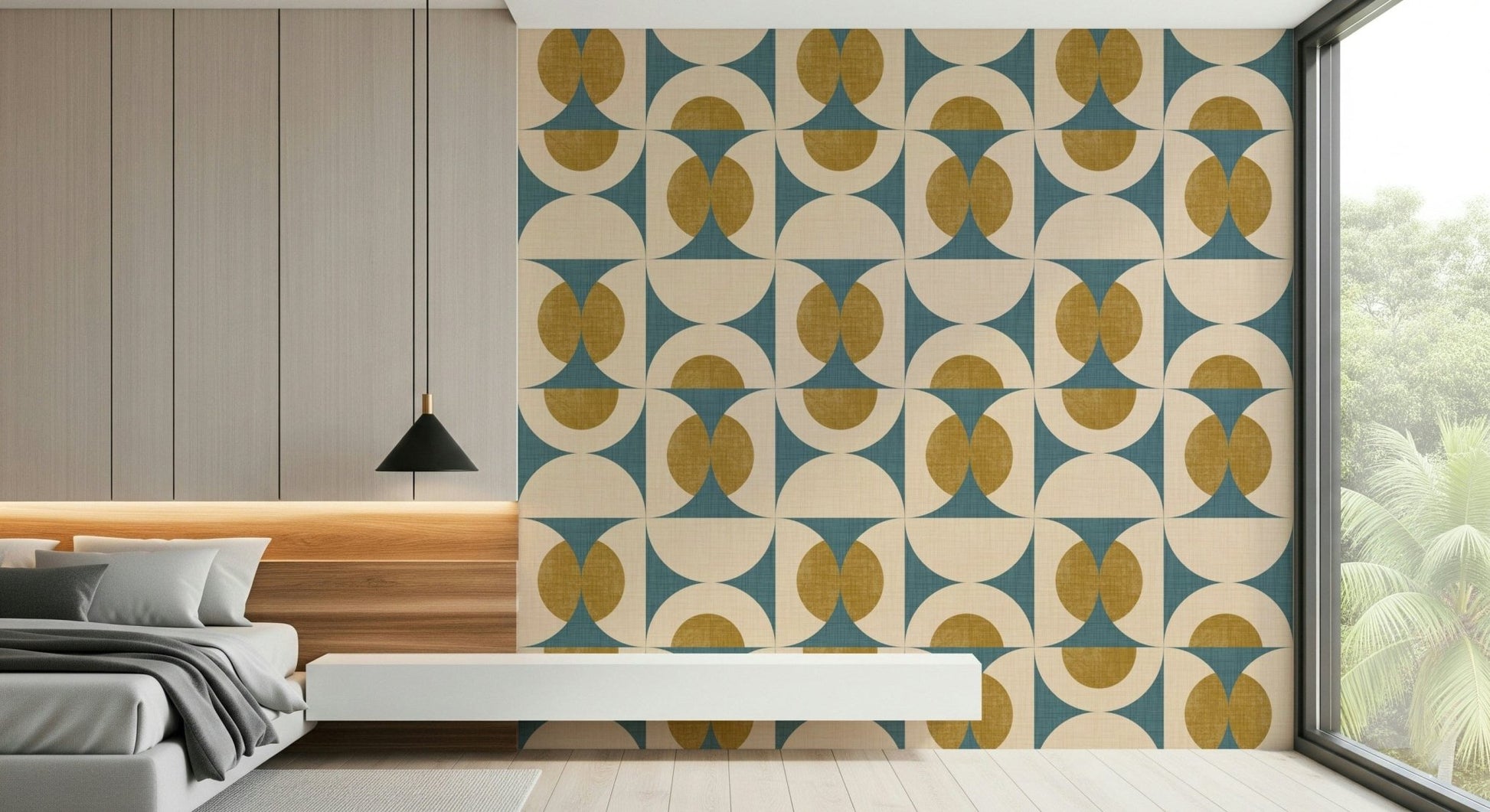 Modern abstract wallpaper with overlapping semicircles in earthy colors.