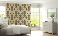 Textured geometric tile wallpaper featuring layered circular designs.