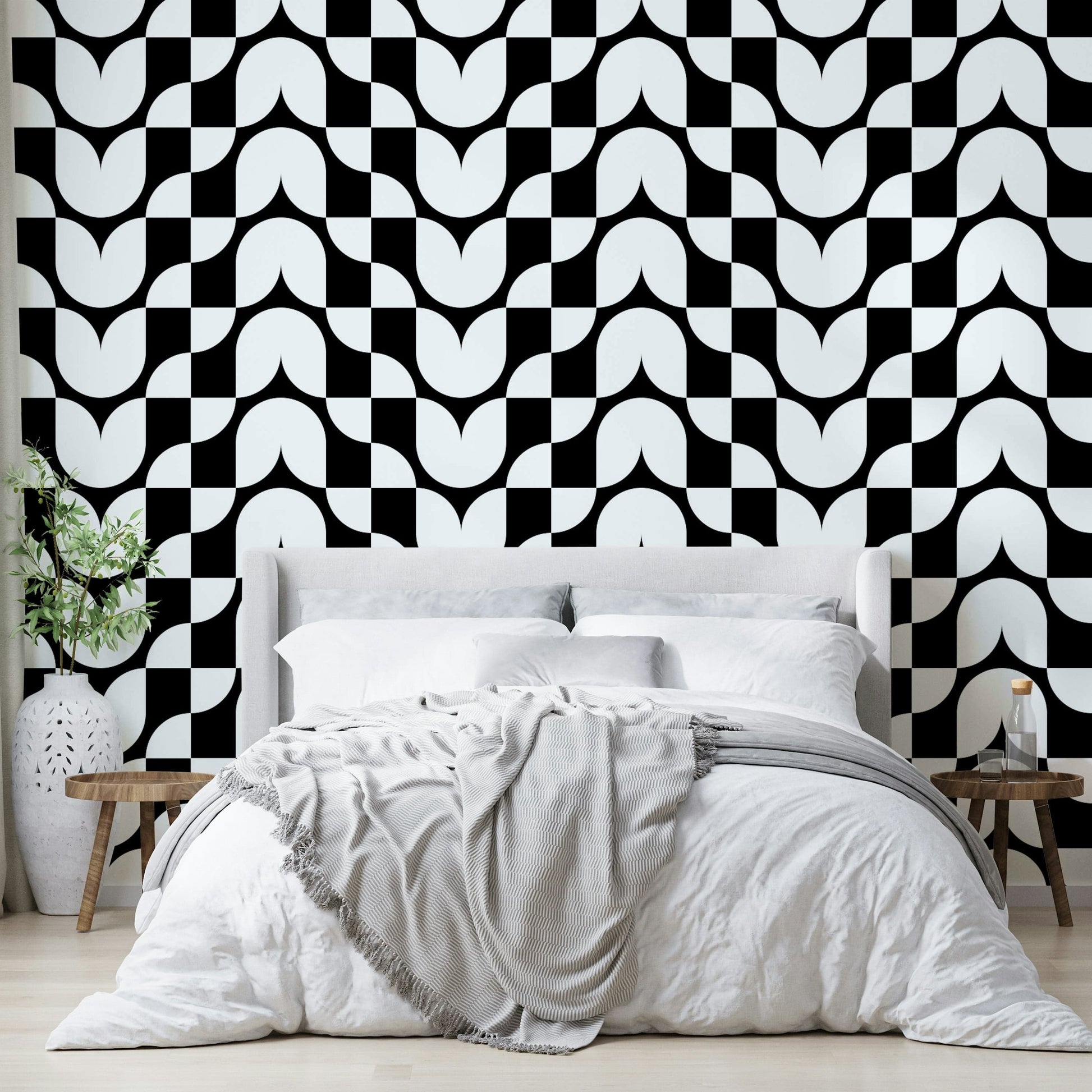 Close-up of a stylized, geometric tulip pattern

