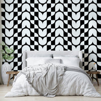 Close-up of a stylized, geometric tulip pattern

