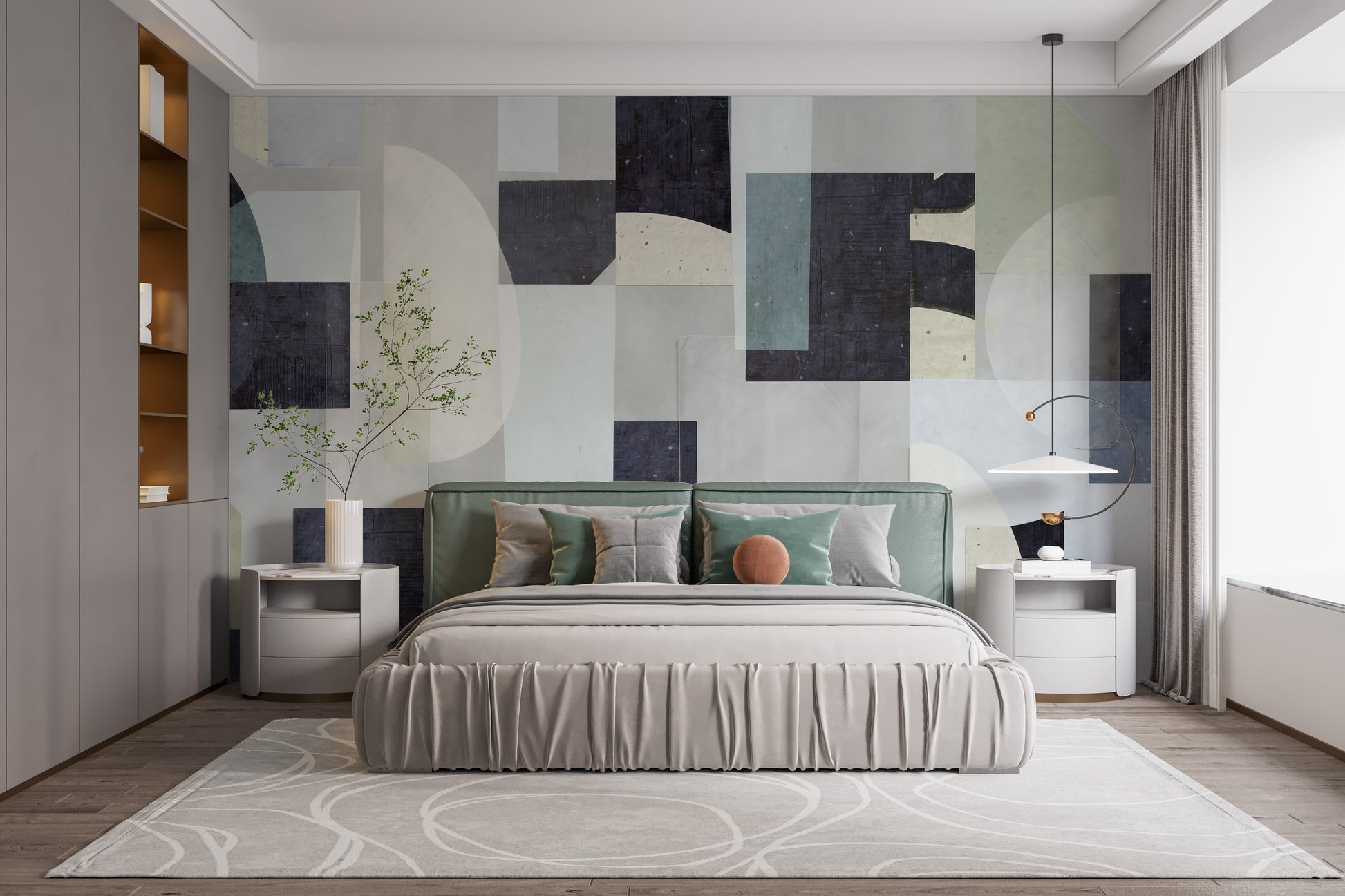 Abstract Geometric wallpaper mural in navy and sage blocks above a green upholstered bed in a modern bedroom