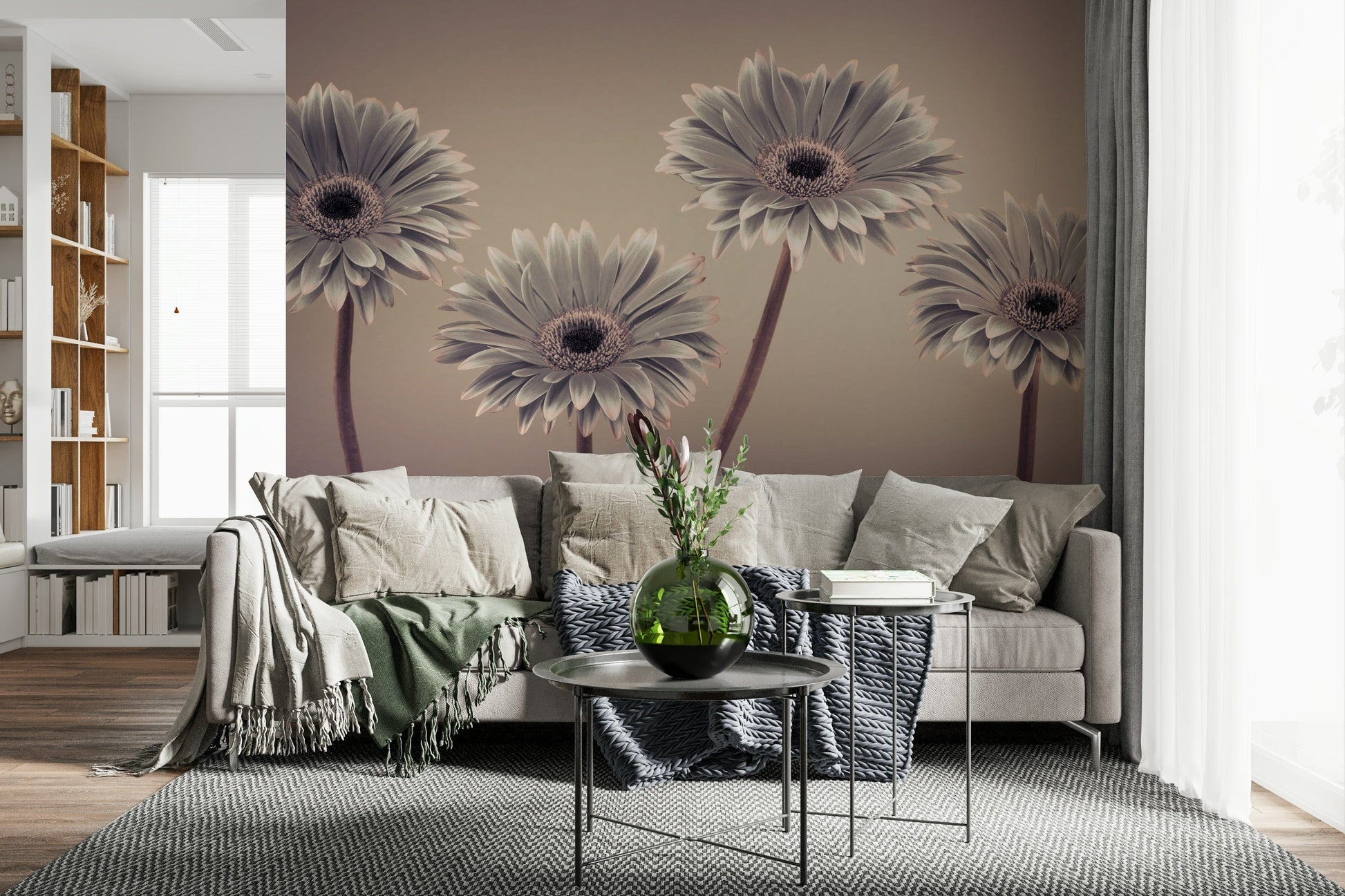 Muted colors daisy print Gerbera Calm studio wallpaper stylish finish
