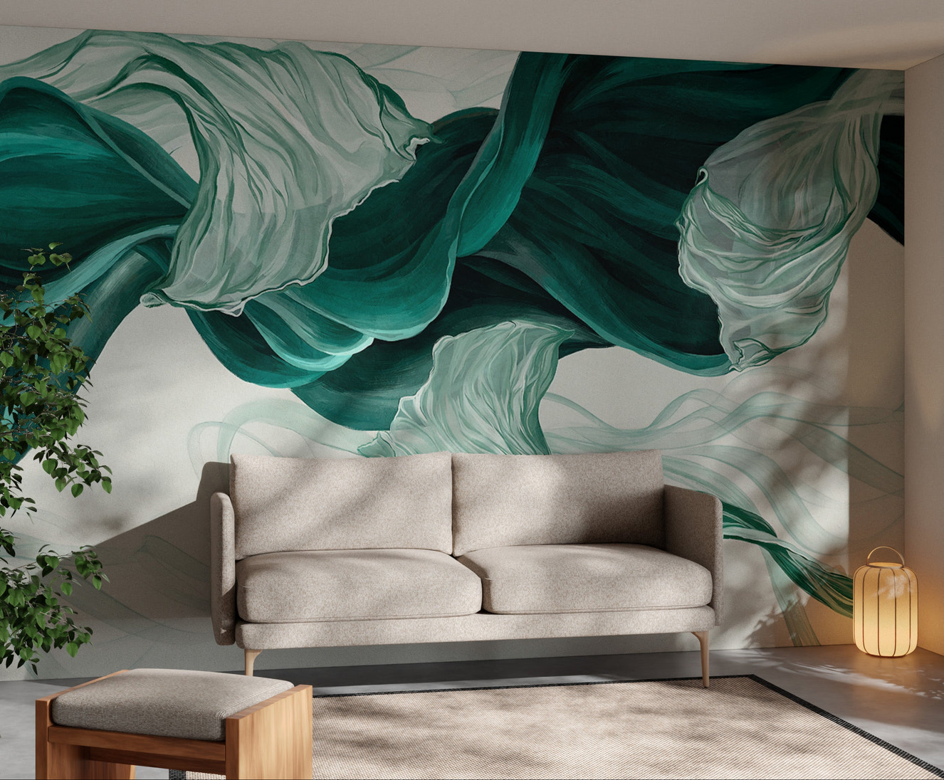 Ethereal abstract fabric mural in flowing teal and white
