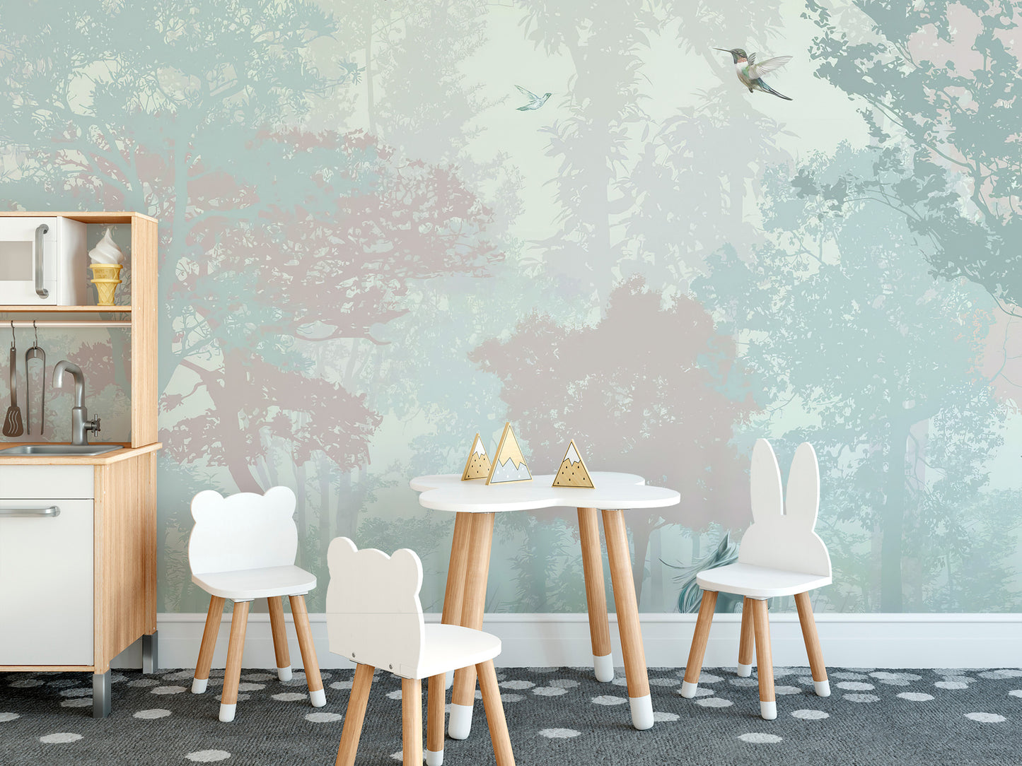 Fairy Forest Kids Wallpaper in a playroom with white bunny chairs and peel and stick material for a magical update.