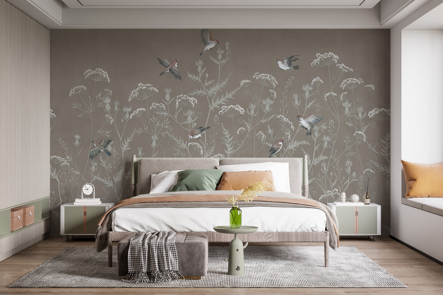 Meadow Melody wallpaper mural with white blooms and sparrows above a taupe upholstered bed by a window seat