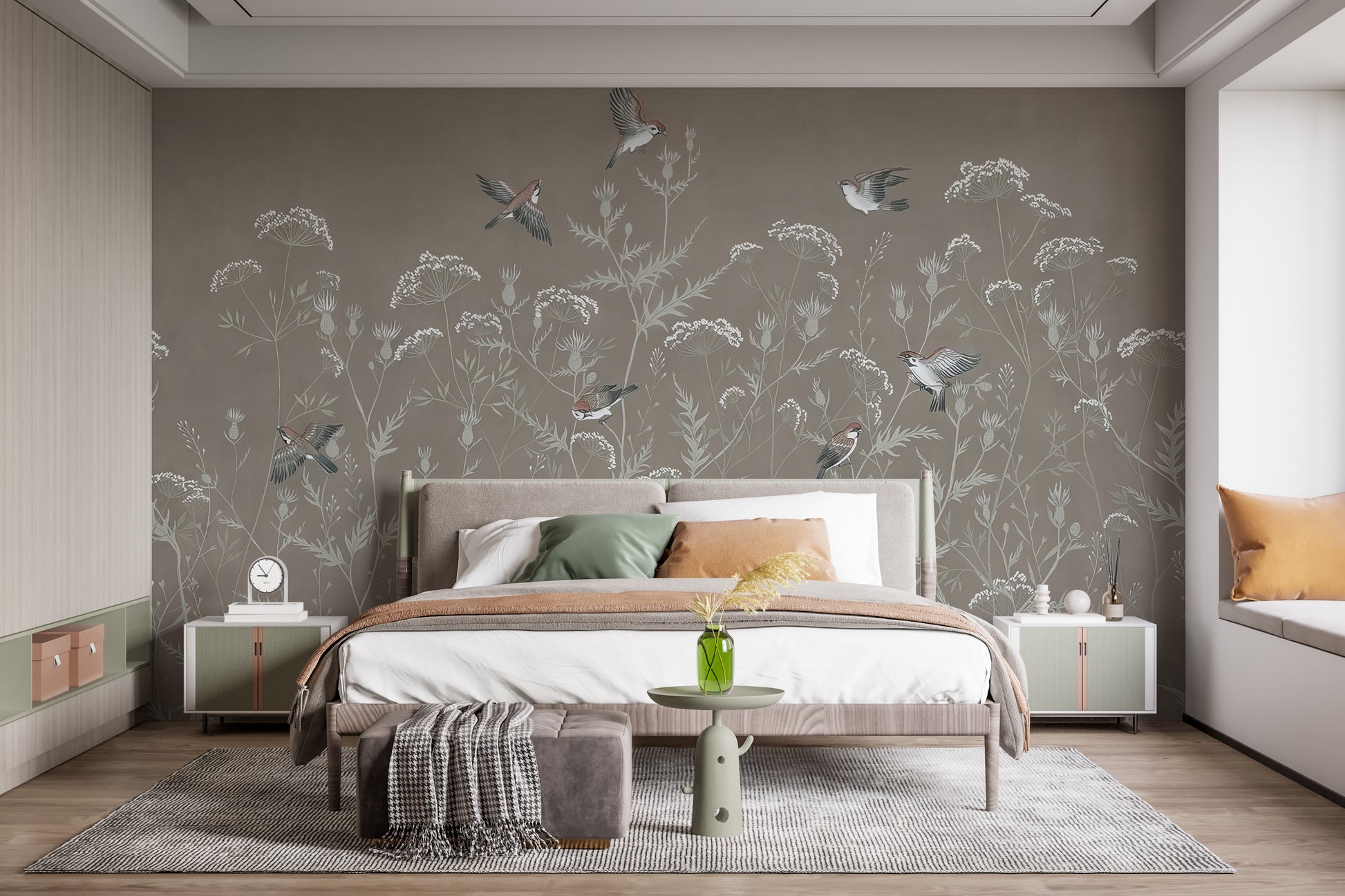 Meadow Melody wallpaper mural with white blooms and sparrows above a taupe upholstered bed by a window seat