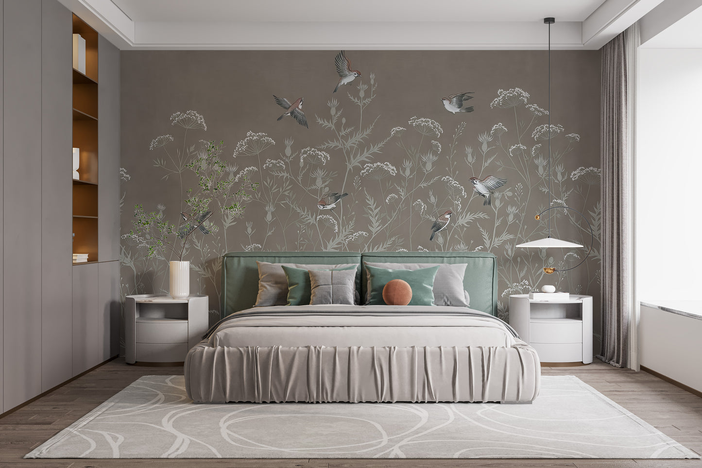 Meadow Melody wallpaper mural of taupe meadow grasses and birds behind a green headboard bed in a bedroom