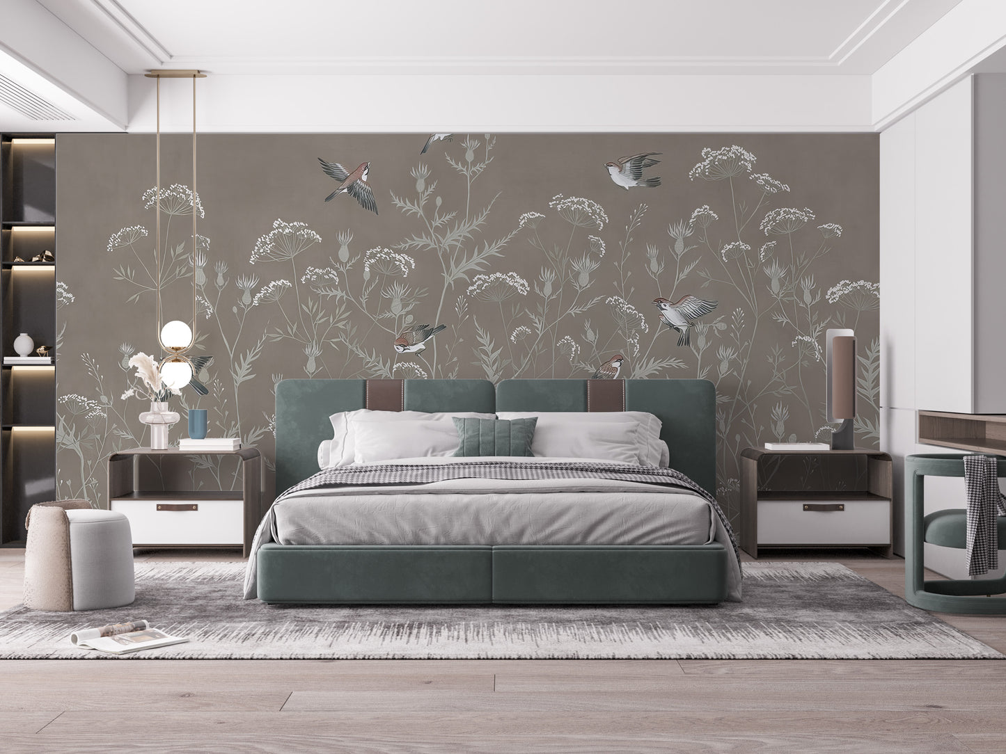 Meadow Melody wallpaper mural with sparrows and wildflowers above a green velvet bed in a modern bedroom
